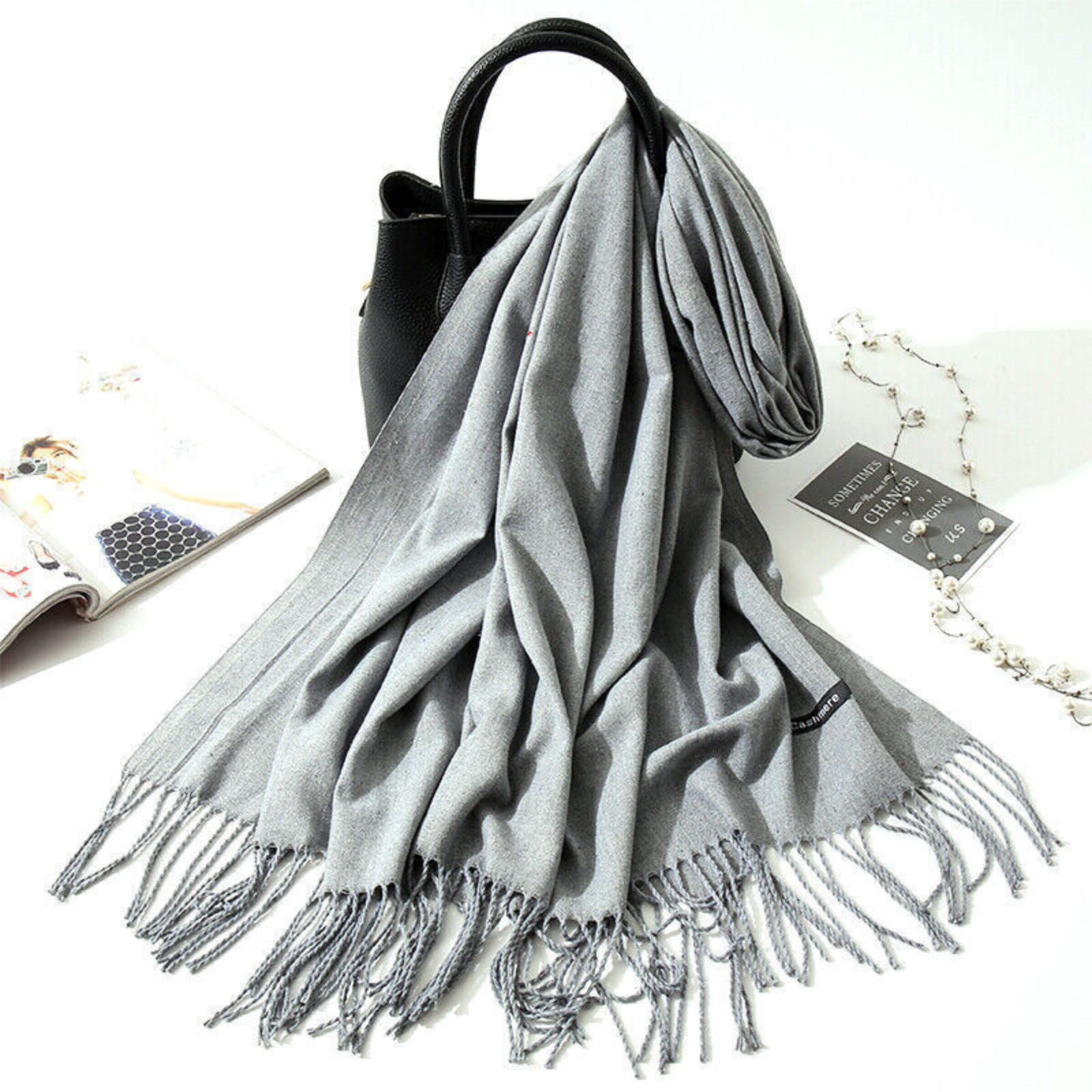 Soft Cloak Head Wrap Winter Premium Women Cashmere Pashmina Scarf Light Grey