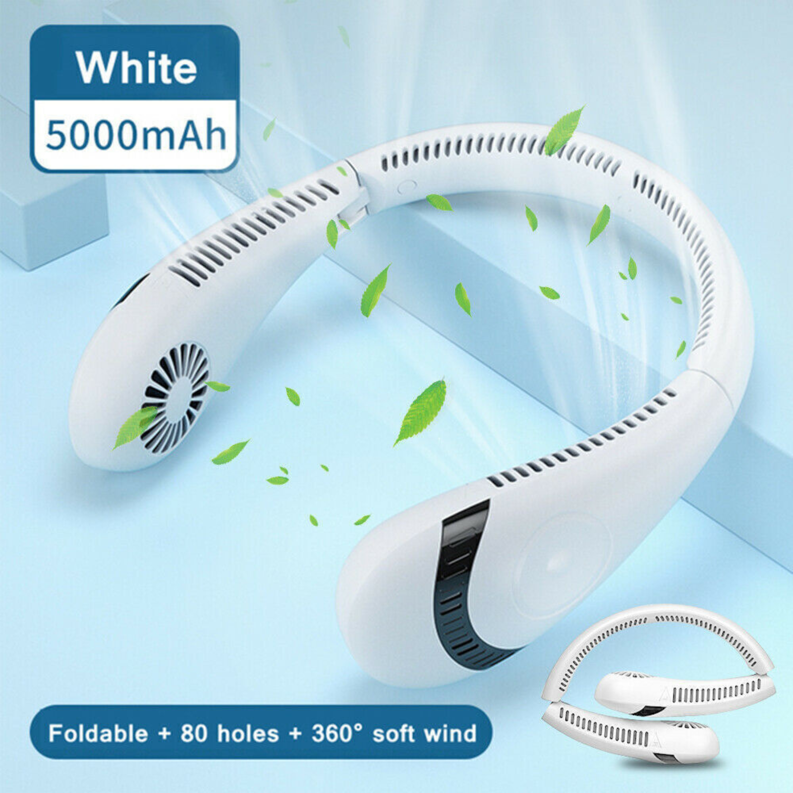 Portable Mini Bladeless Neck Fan Hanging Air Cooler USB Rechargeable White