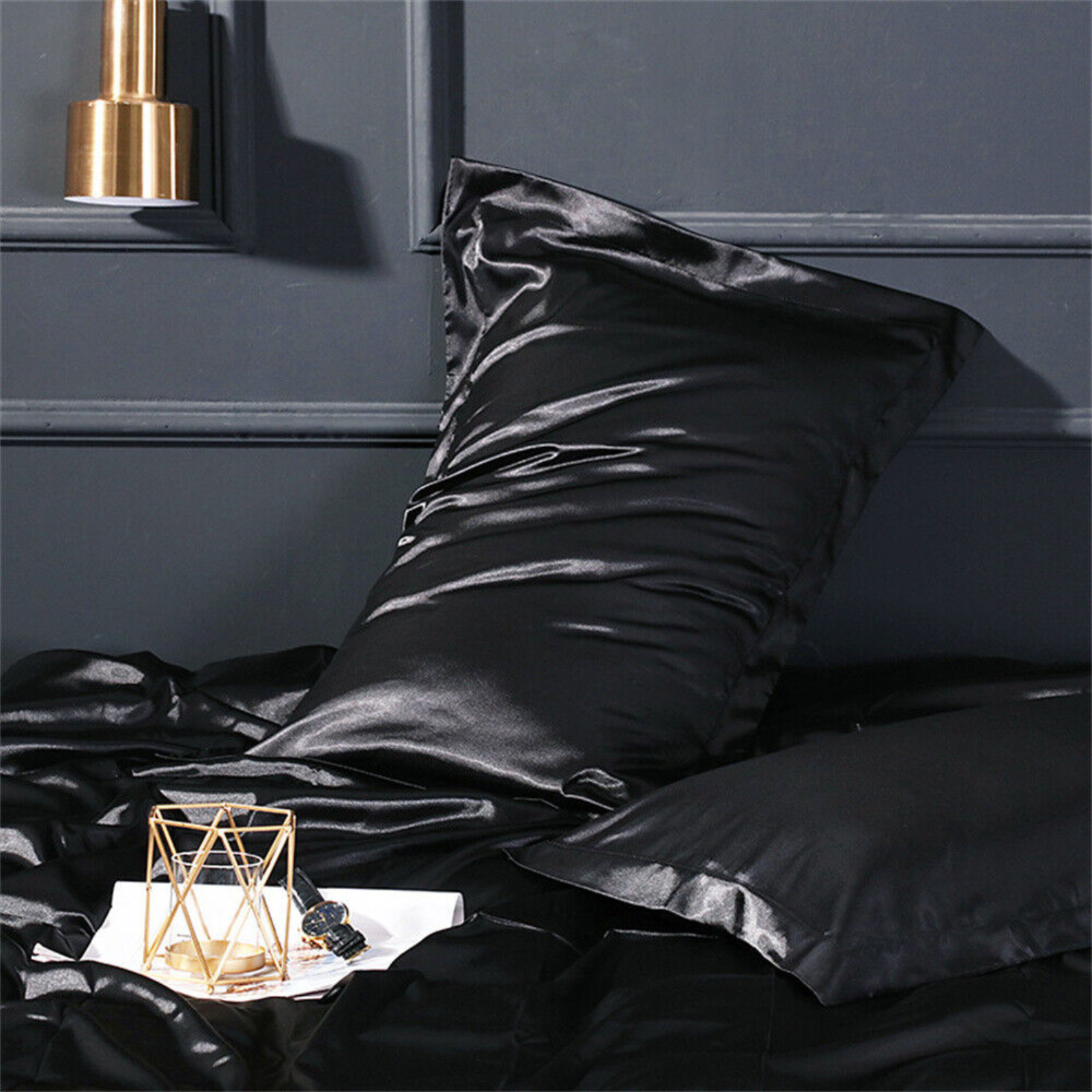 Standard Bedding Smooth Soft Pillowcase Black 2Pcs Silk Satin Pillow Case Cover