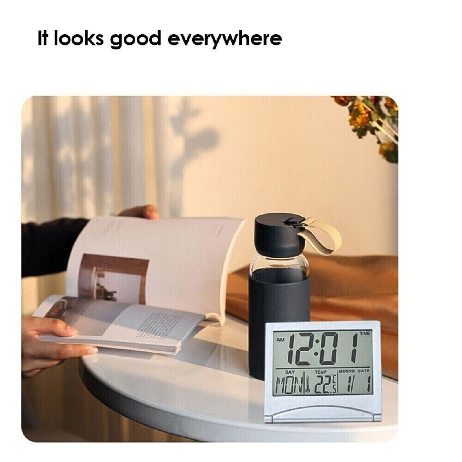 Silver Alarm Clock Desk Calendar Thermometer Timer Digital LCD Screen Travel