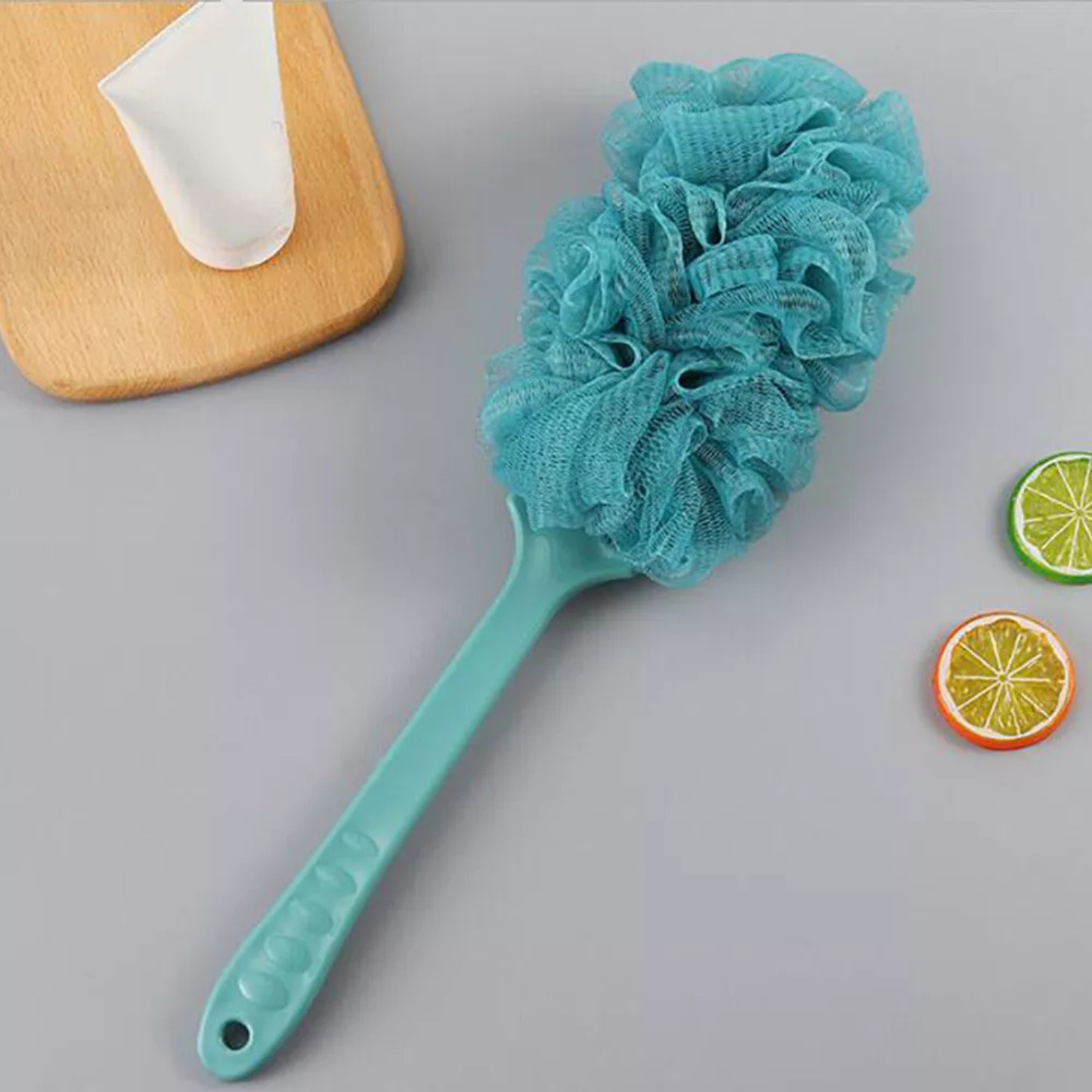 Blue Shower Loofah Back Scrubber Body Long Handle Bath Brush Soft Mesh