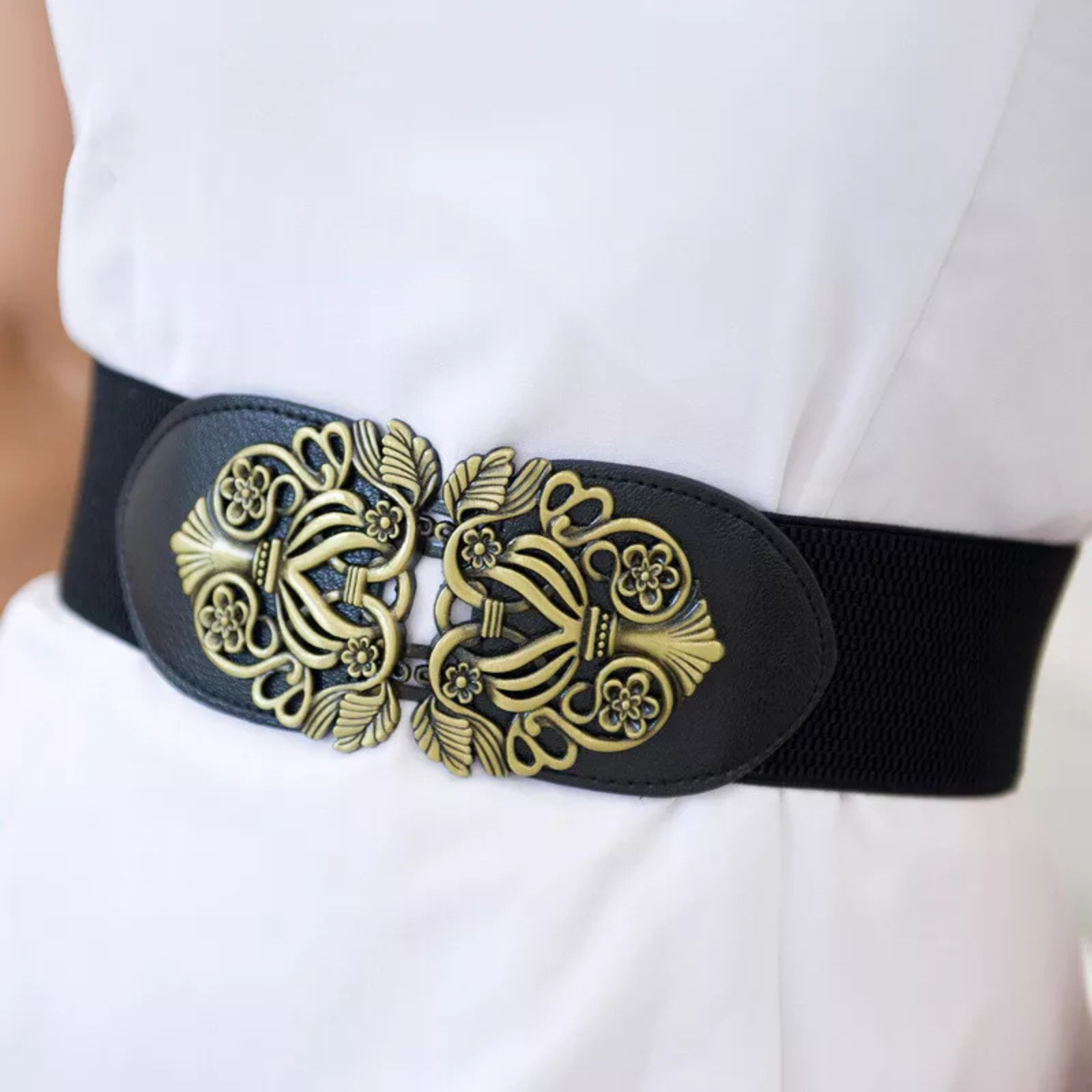 Retro Totem Wide Waistband Stretch Belt for Women Black