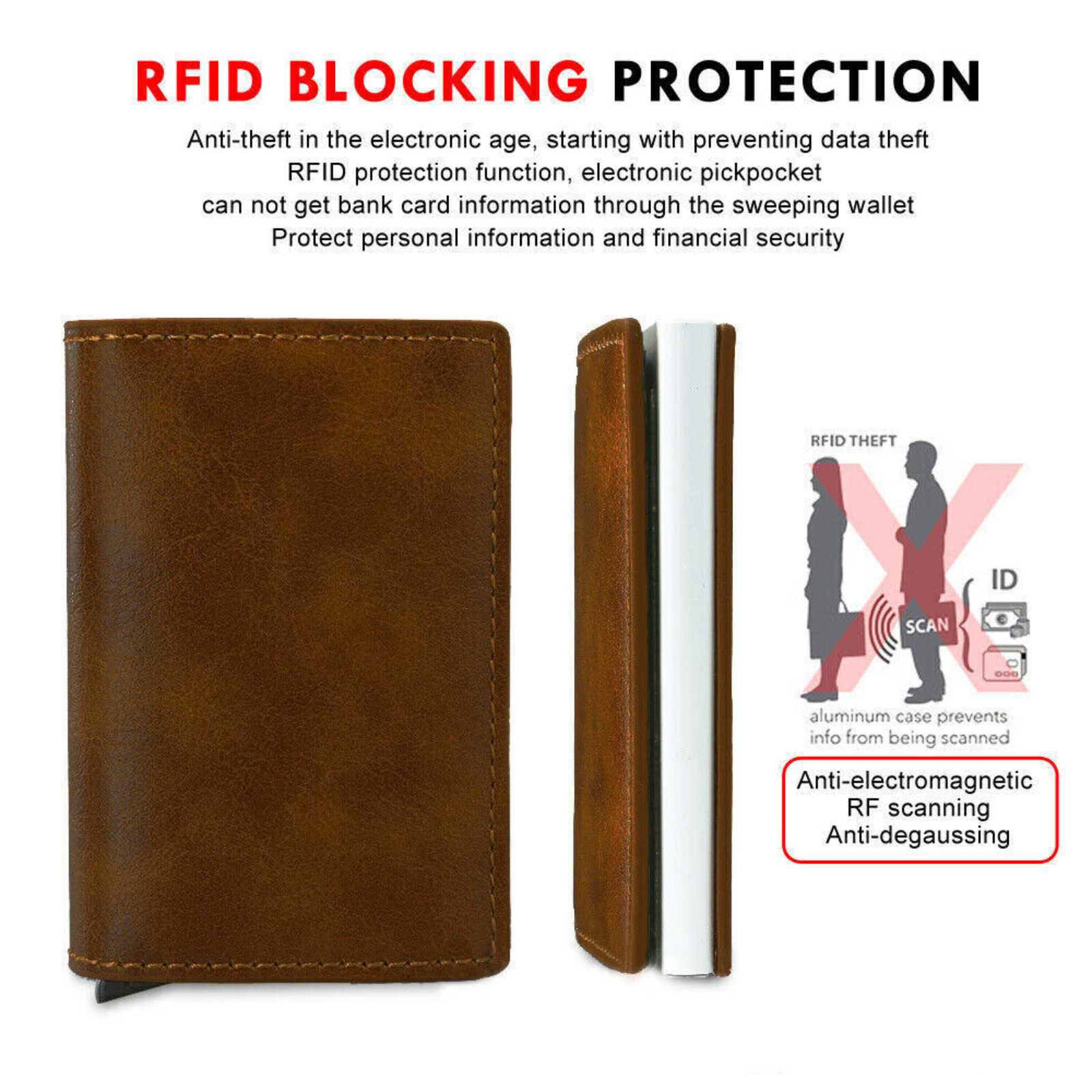 Brown Leather Wallet Credit Card ID Holder Men's RFID Blocking Slim Purse