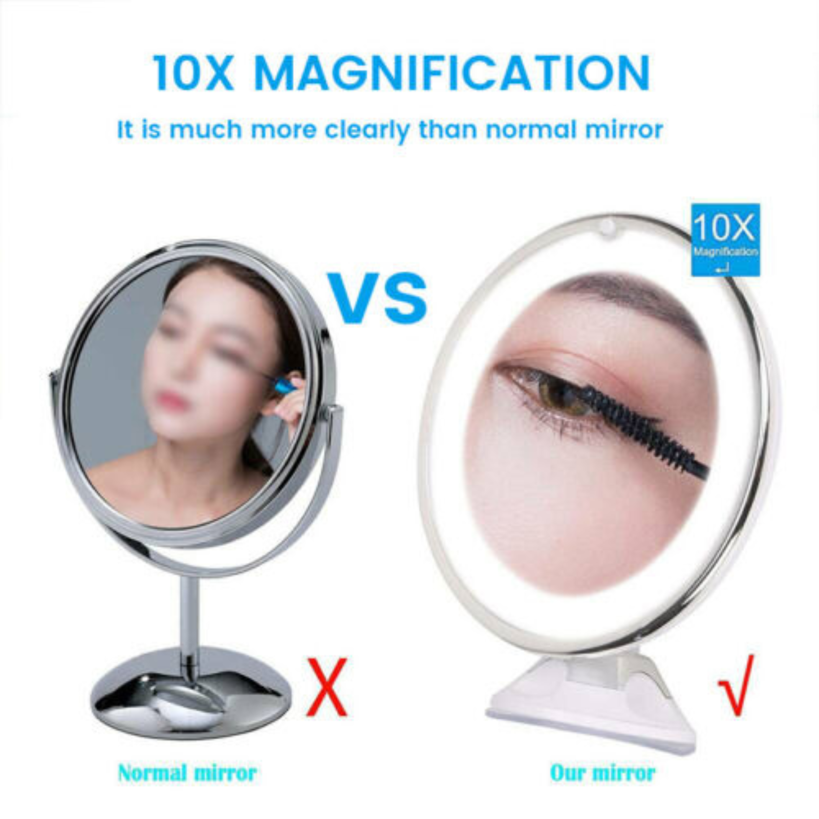 360° Rotation 10x Magnifying Makeup Mirror LED Light Cosmetic Bathroom Round