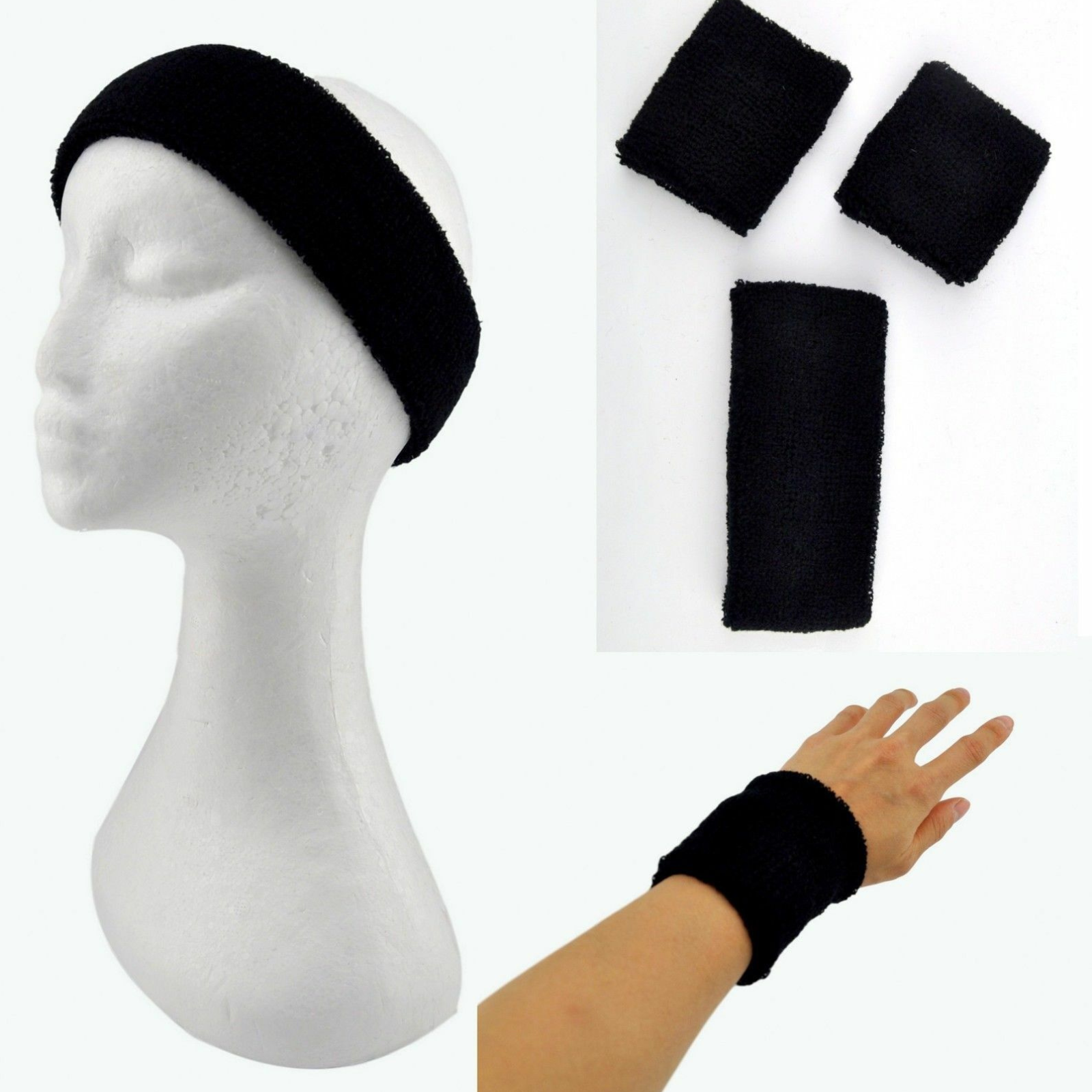 Sport Tennis Badminton Yoga Cotton Black Wristbands Headband Sweatbands