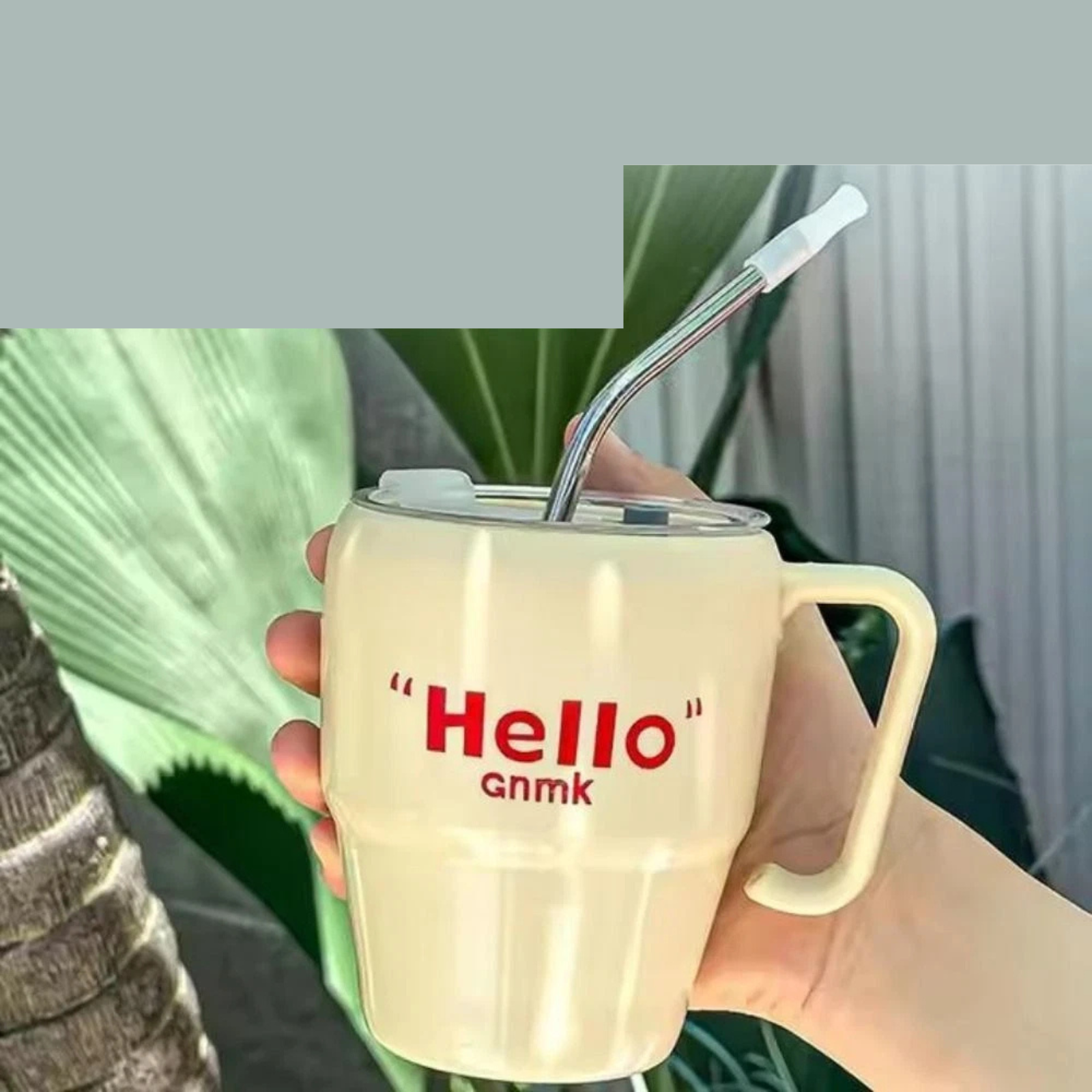 400ml Beige Coffee Mug with Handle & Straw Travel Tumbler Cup