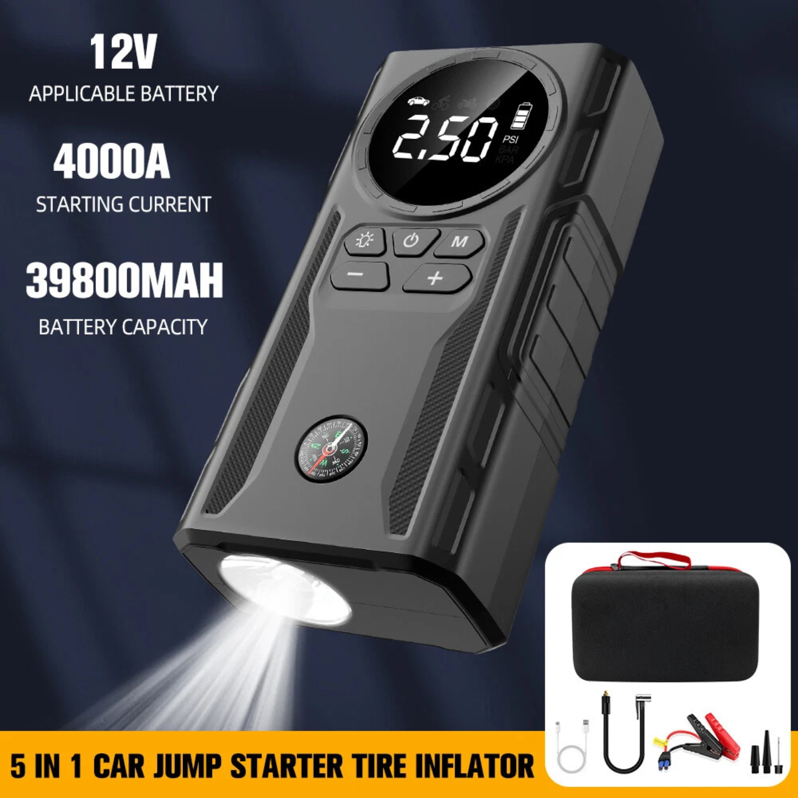 39800mAh 4000A with LED Display Portable 5 in 1 Car Jump Starter Tire Inflator