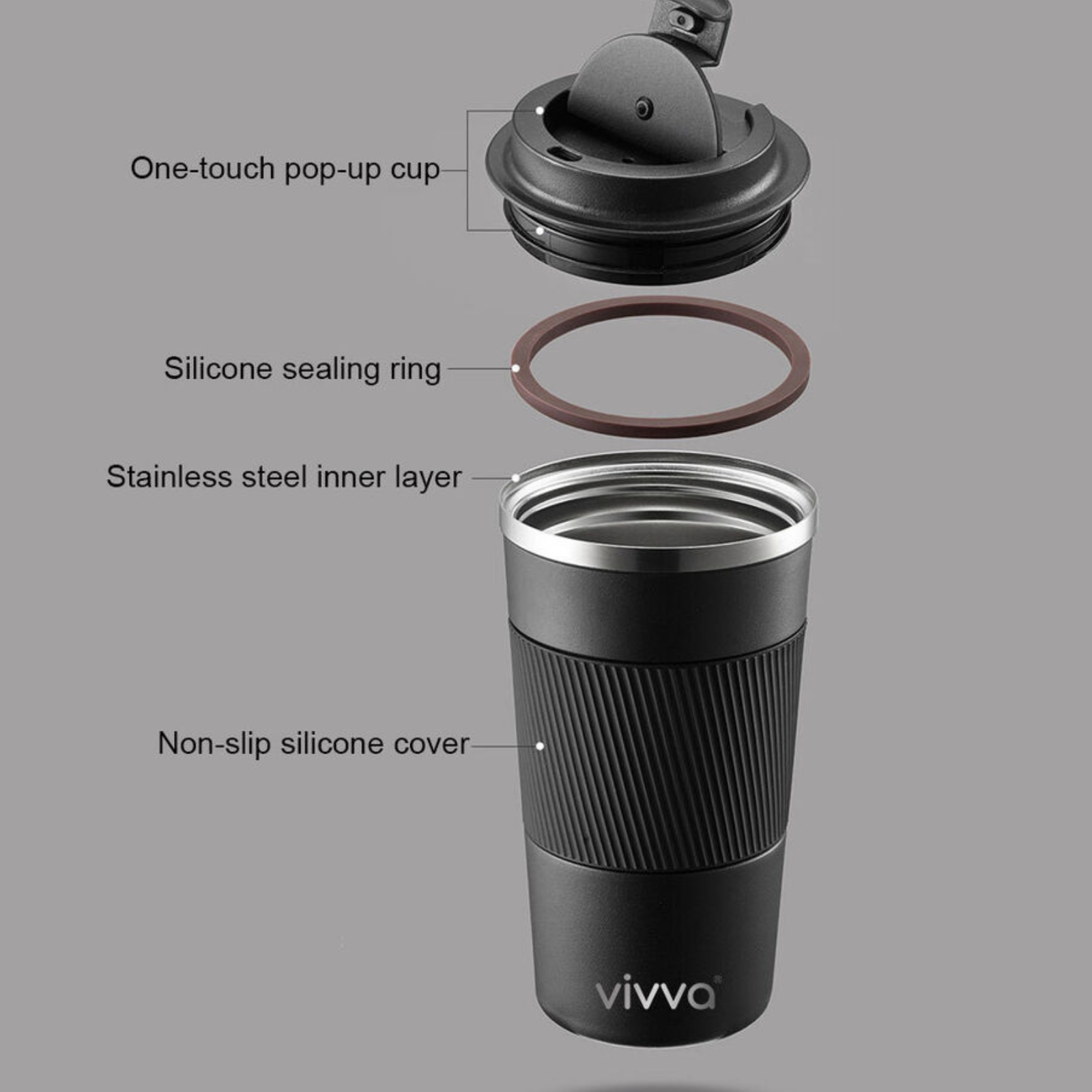 510ml Reusable Insulated Black Travel Cup Stainless Steel Coffee Mug Leakproof