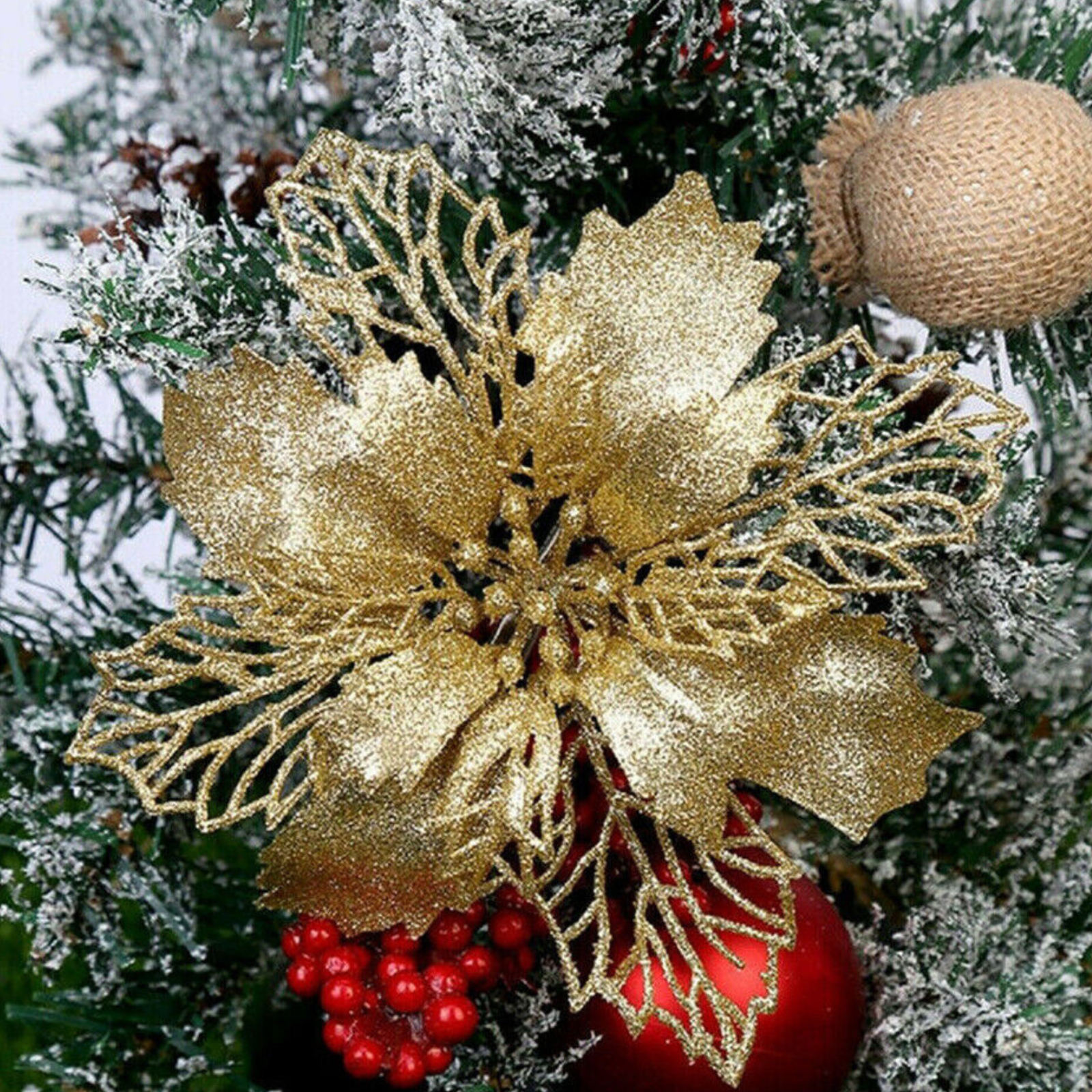 Flower Tree Hanging Decoration Christmas Poinsettia Glitter Xmas Party Gold