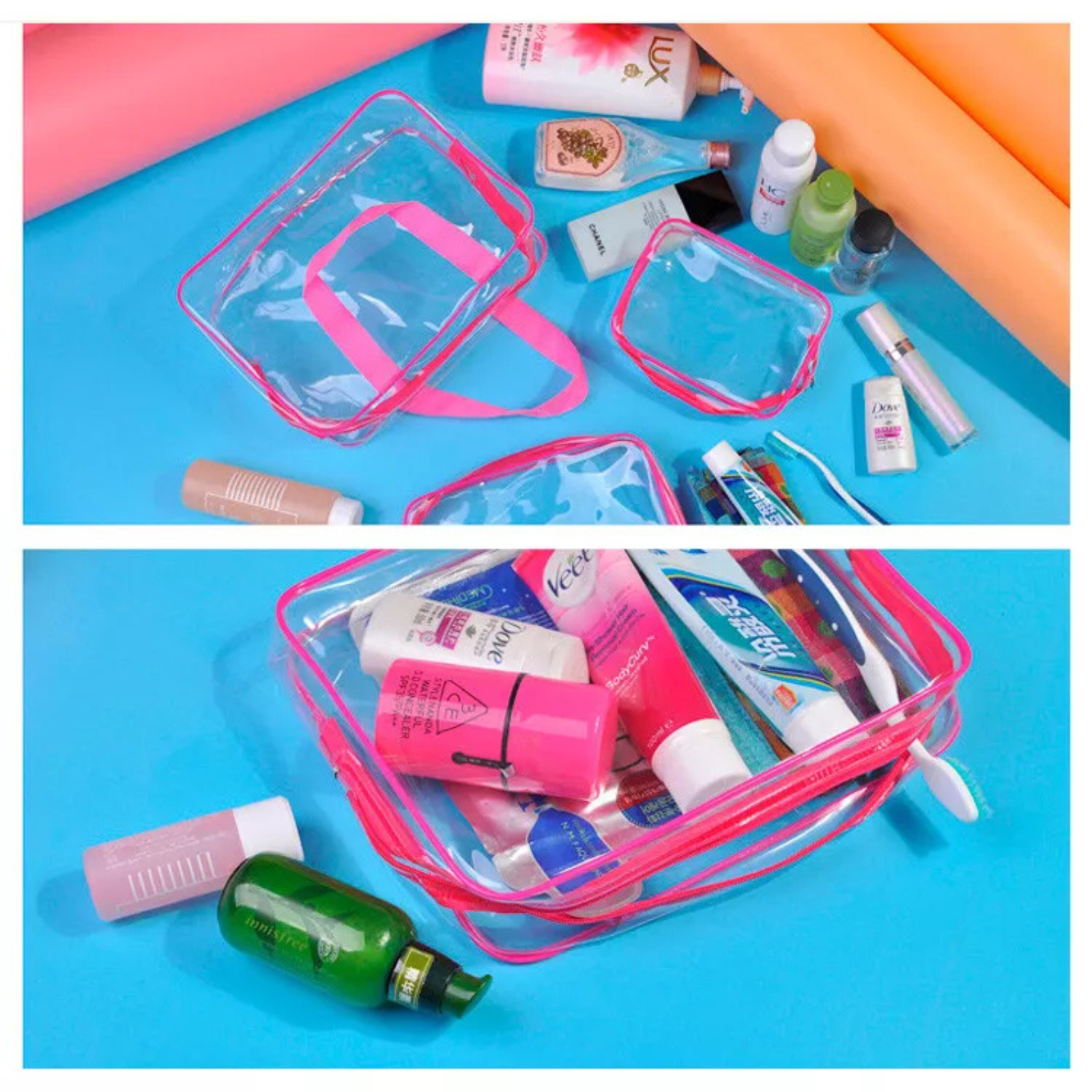 Travel Wash Bag Holder Set Cosmetic Makeup Toiletry Clear PVC Organizer Pink