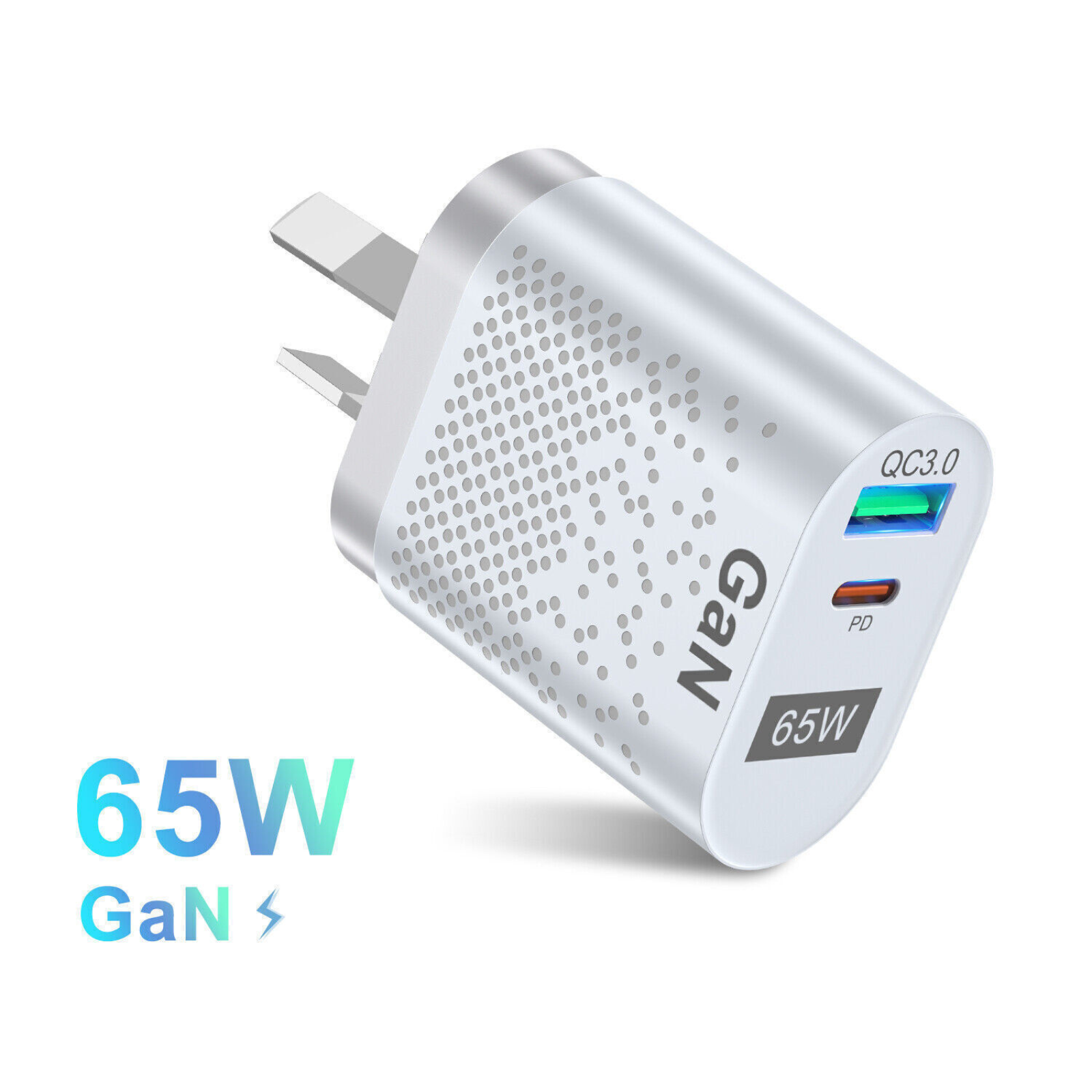 Fast Charging Universal Adapter 65W GaN Charger Type C PD USB-C USB QC 3.0 White