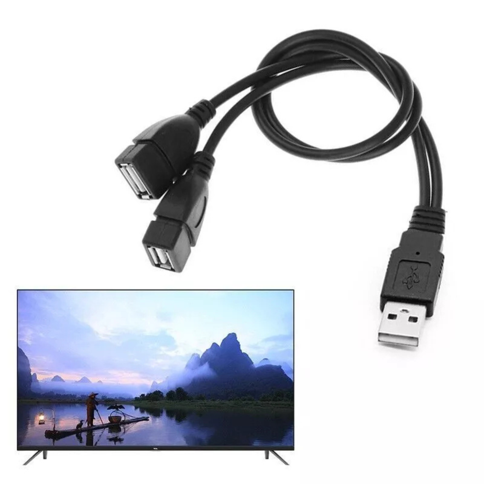 Power Adapter Splitter A-Male to 2 A-Female Y Cord Double USB Extension Cable