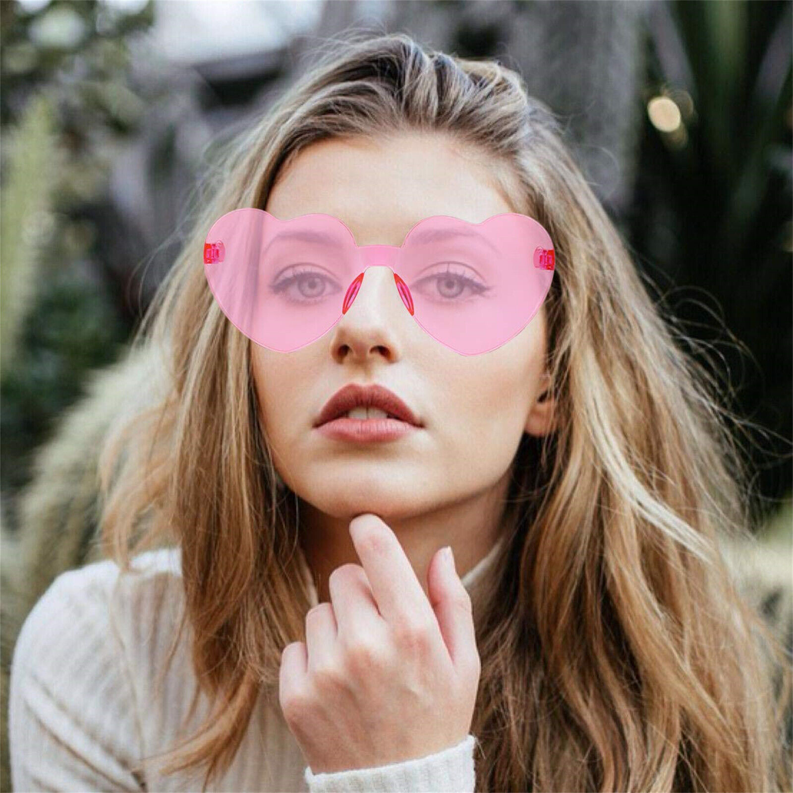 Pink Clear Lens Rimless Festival Glasses Love Heart Shape Sunglasses Dress Party