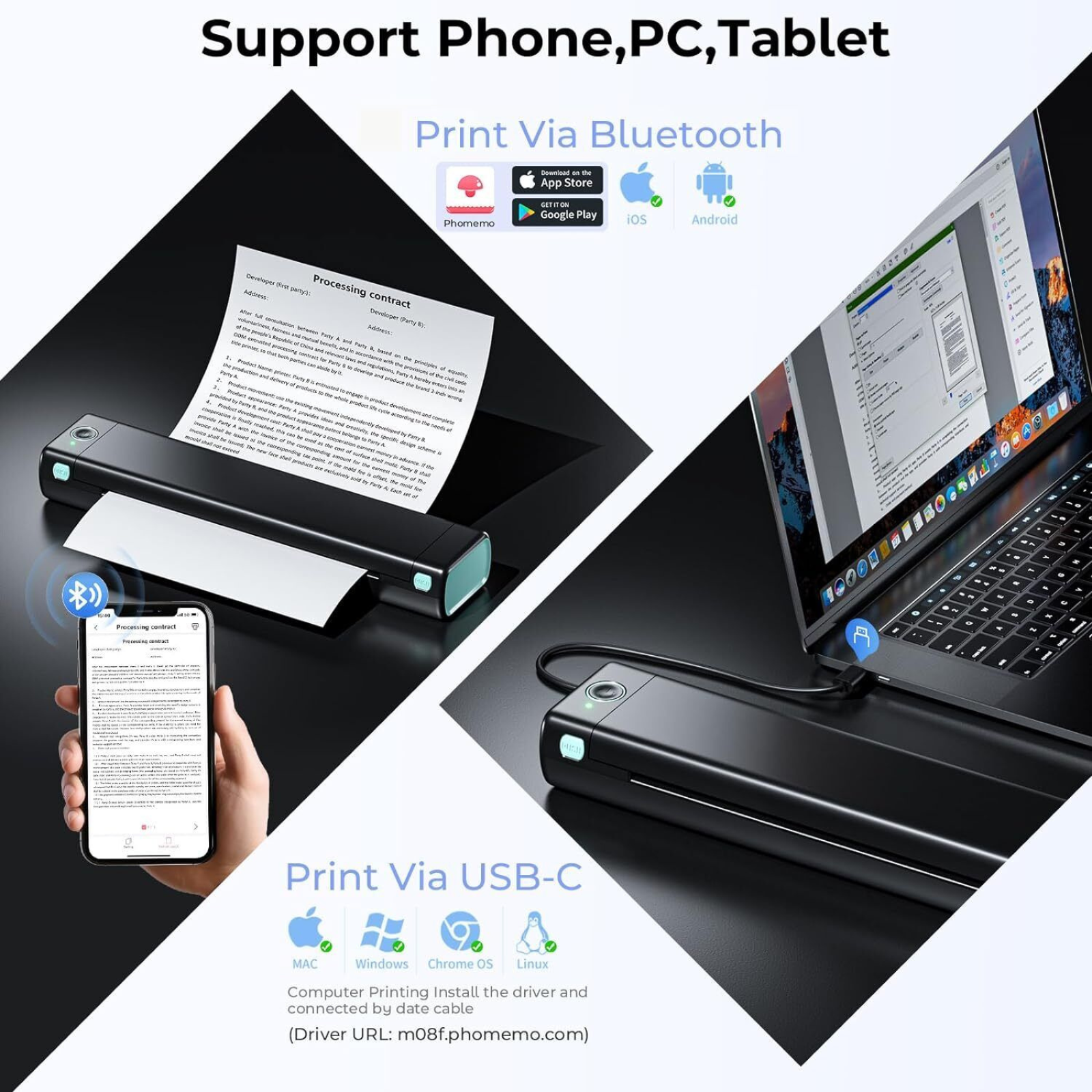 A4 Thermal Mobile Printer PhomemoM08F Wireless Bluetooth Portable Black