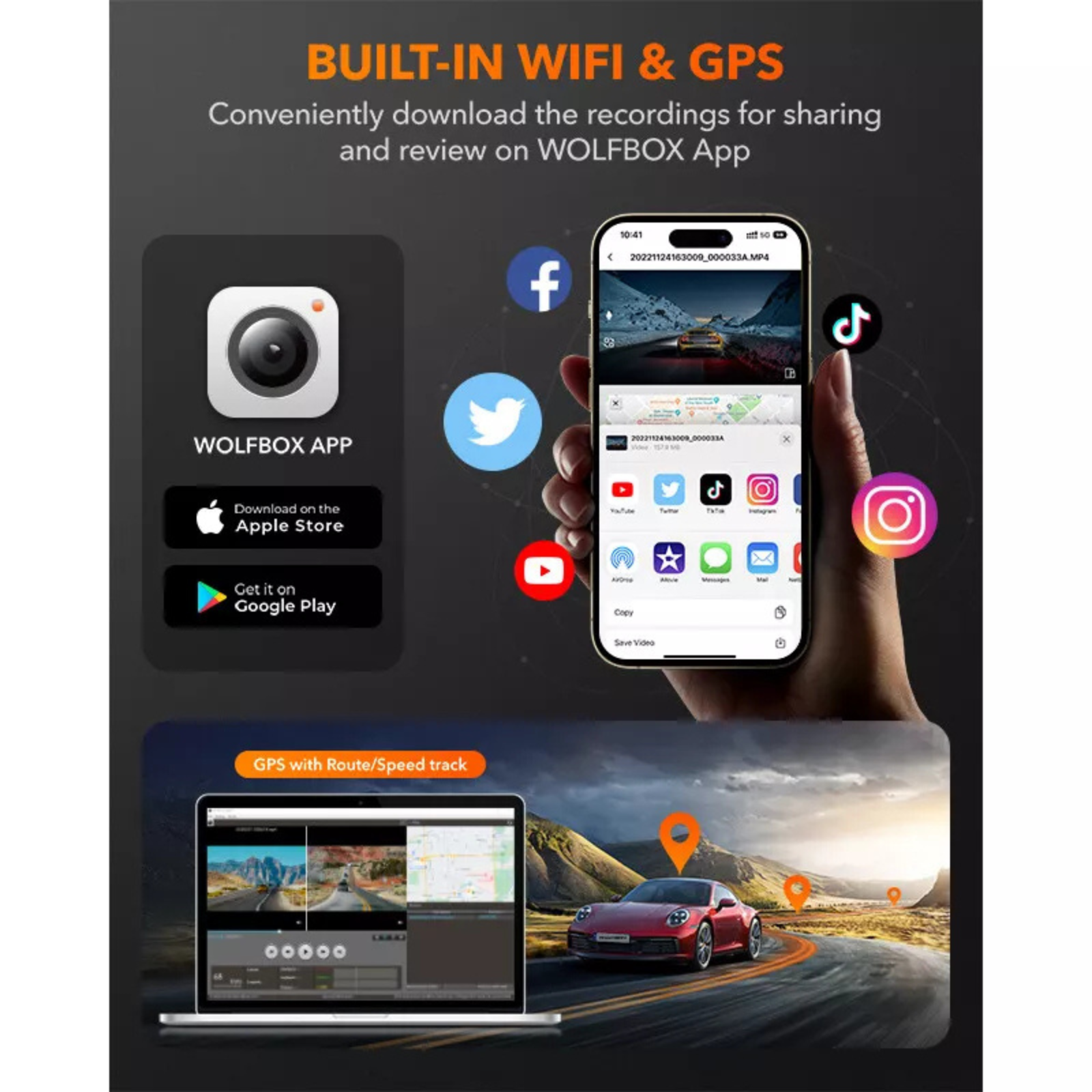 GPS WiFi UHD 2160P/1600P Car Monitor WOLFBOX Dash Cam Front and Rear 4K