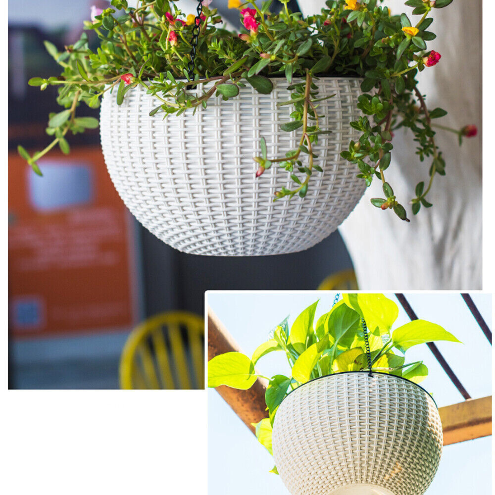 White 2pcs Flower Baskets Planters Hanger Landen Rattan Hanging Plant Pots