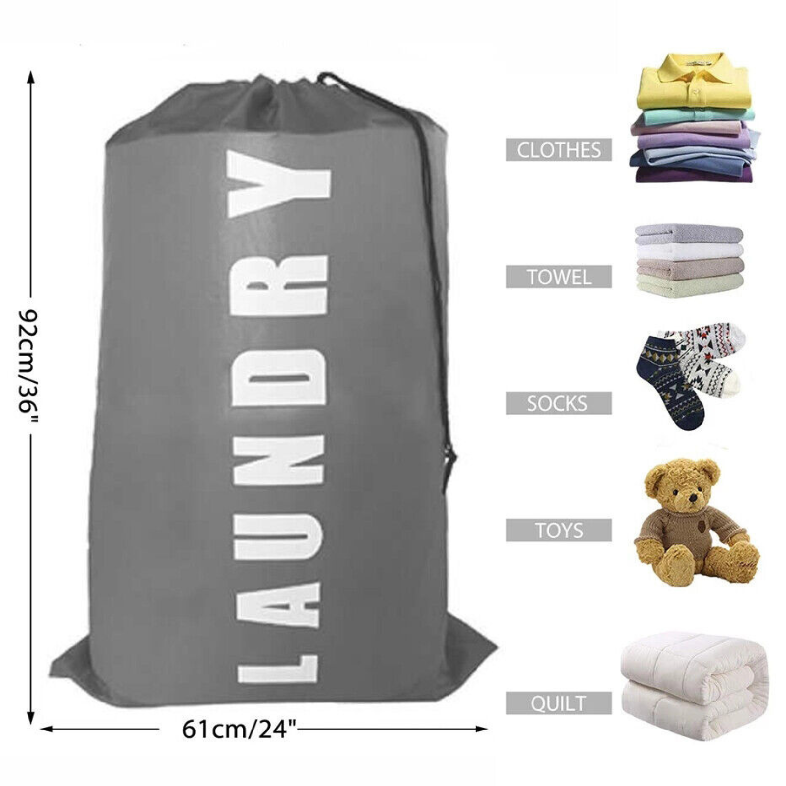 Grey Travel Dirty Clothes Large Laundry Bag Camping Drawstring Closure