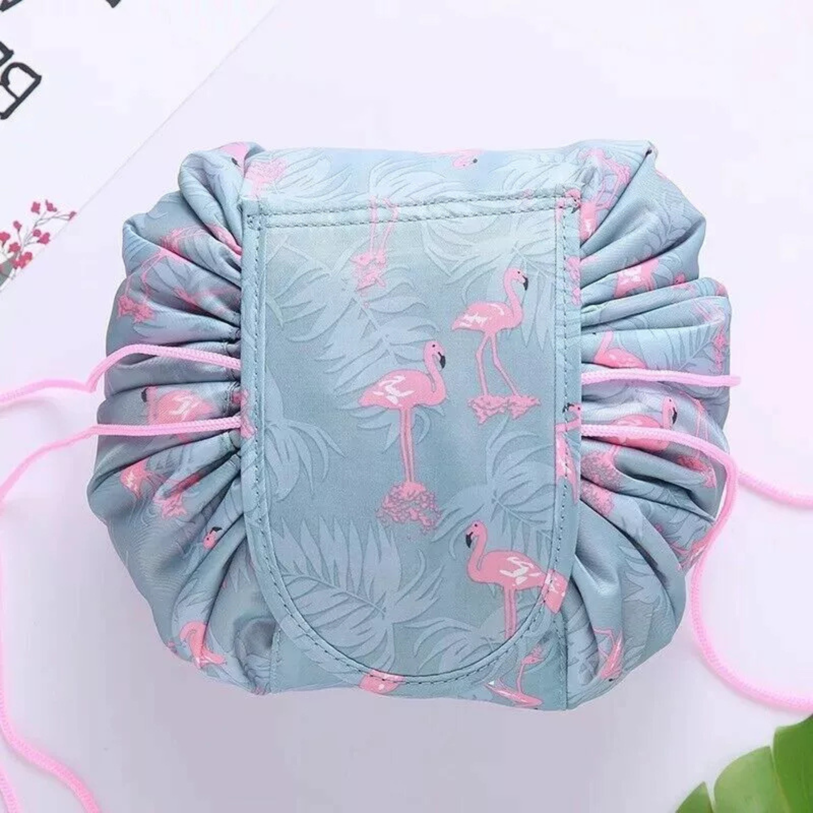 Storage Organizer Travel Pouch Cosmetic Makeup Drawstring Bag Blue Flamingos 1x