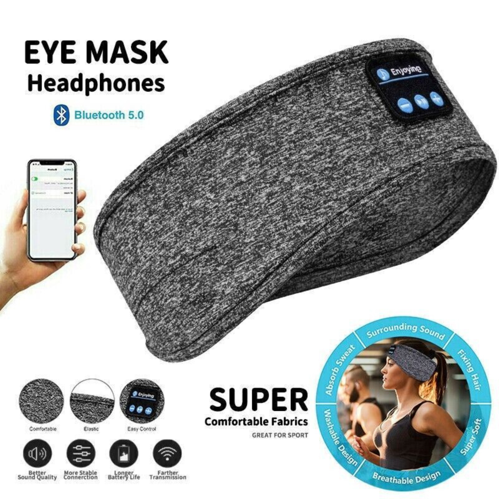 Eye Mask Headphones Wireless Bluetooth 5.0 Stereo Earphone Sleep Music Headband