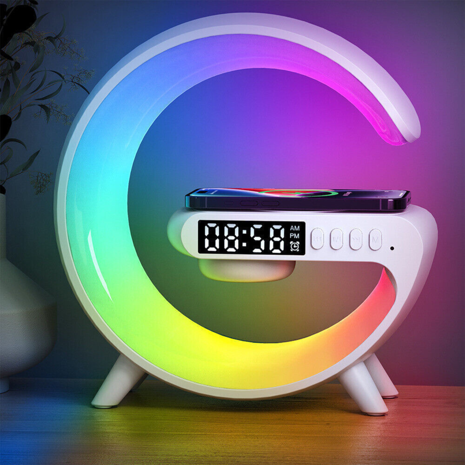 White RGB Alarm Clock Night Light Bluetooth Speaker Wireless Charger - G Lamp