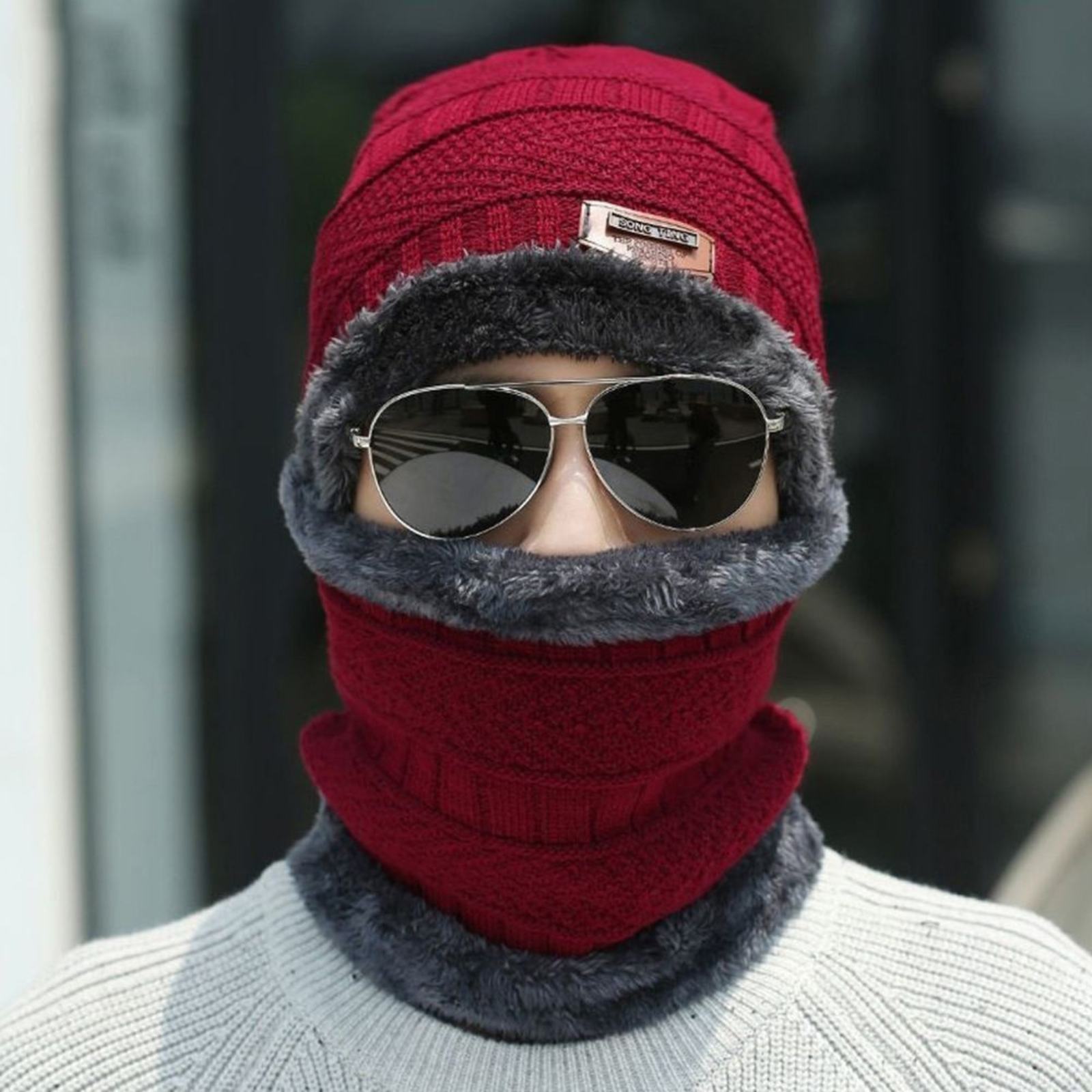 Wine Red Ski Cap Neck Warm Beanie Fleece Winter Knitted Hat Men Fur Women