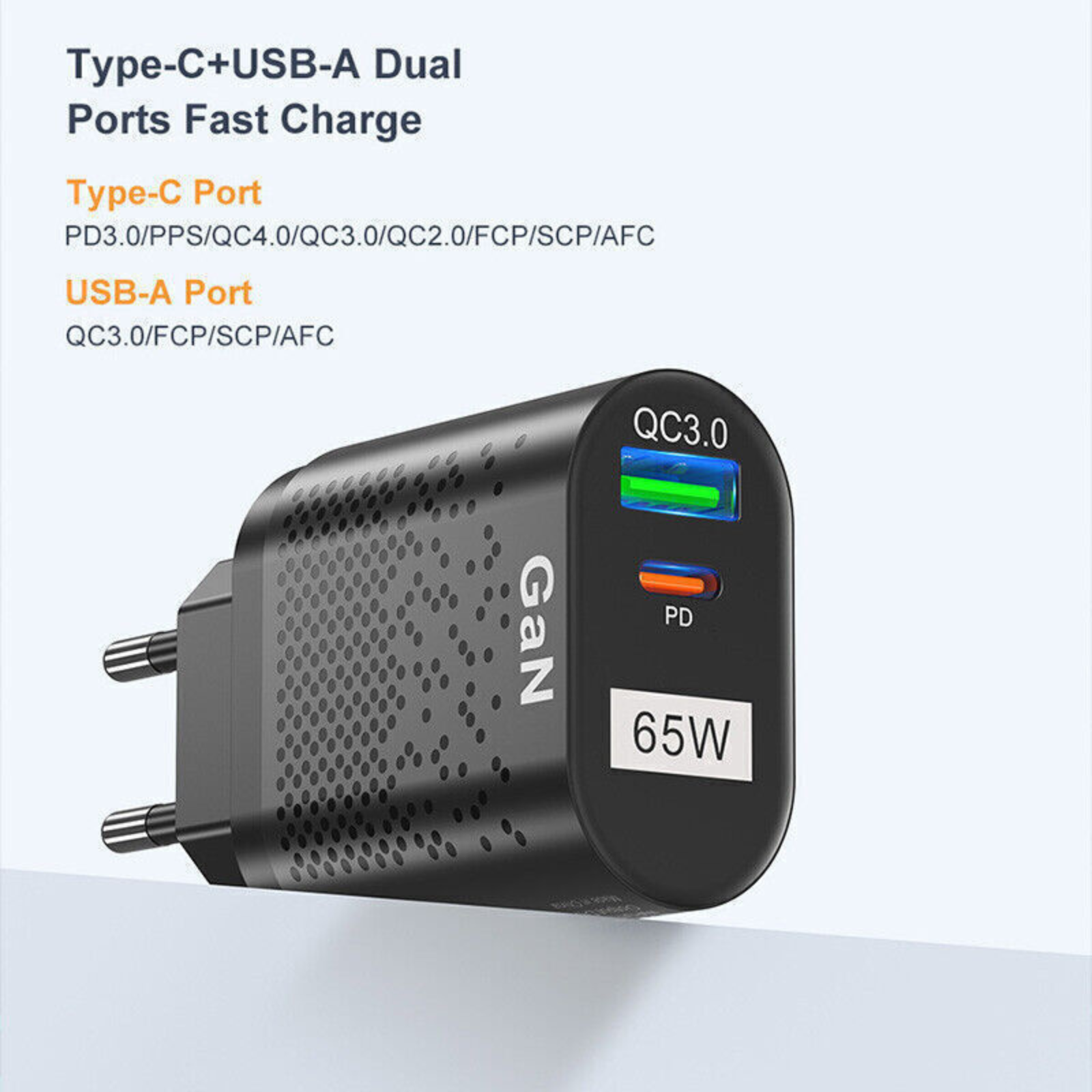 Fast Charging Universal Adapter 65W GaN Charger Type C PD USB-C USB QC 3.0 Black