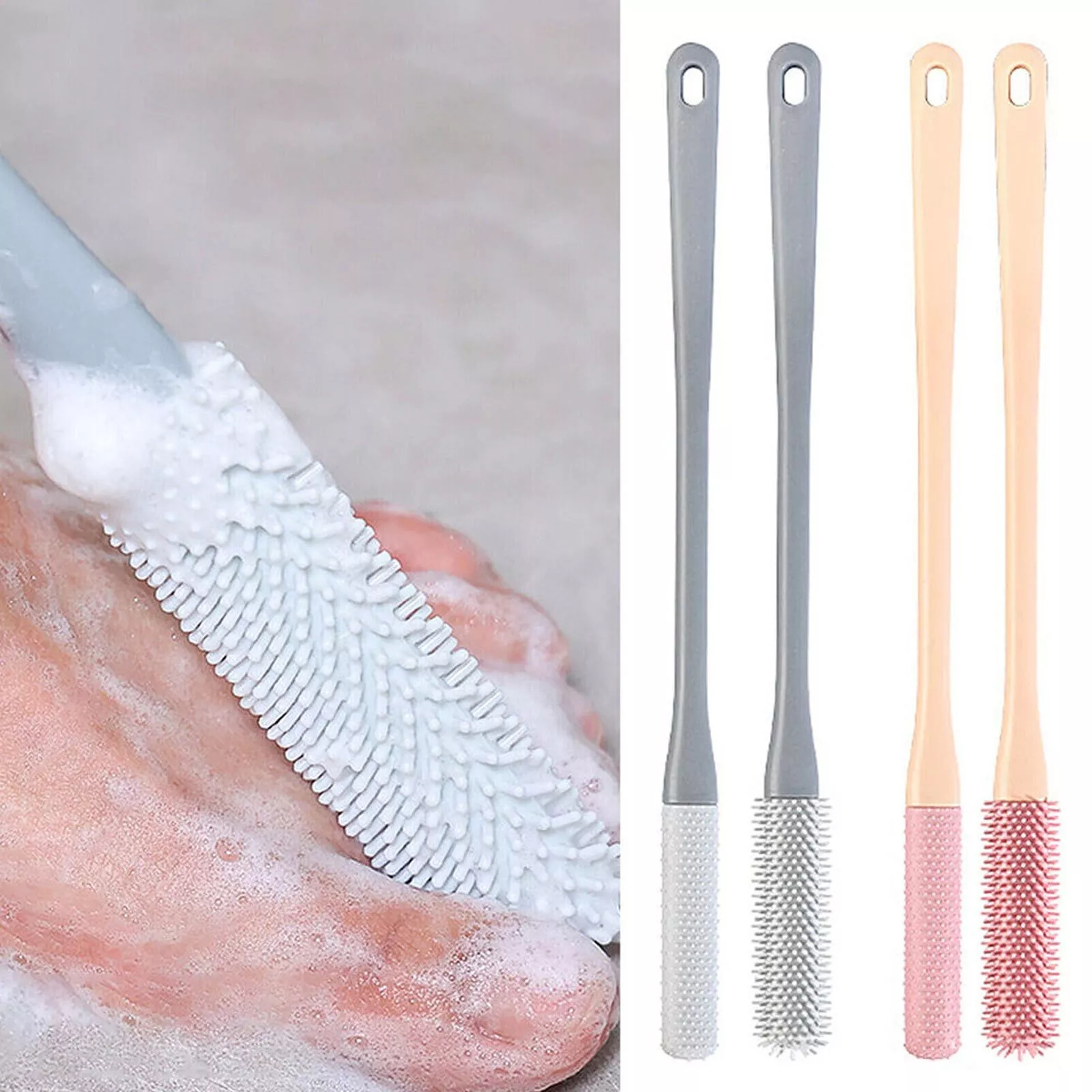 2x Set Gray Cleaning+Antipru Long Handle Silicone Foot Brush Foot Scrubber
