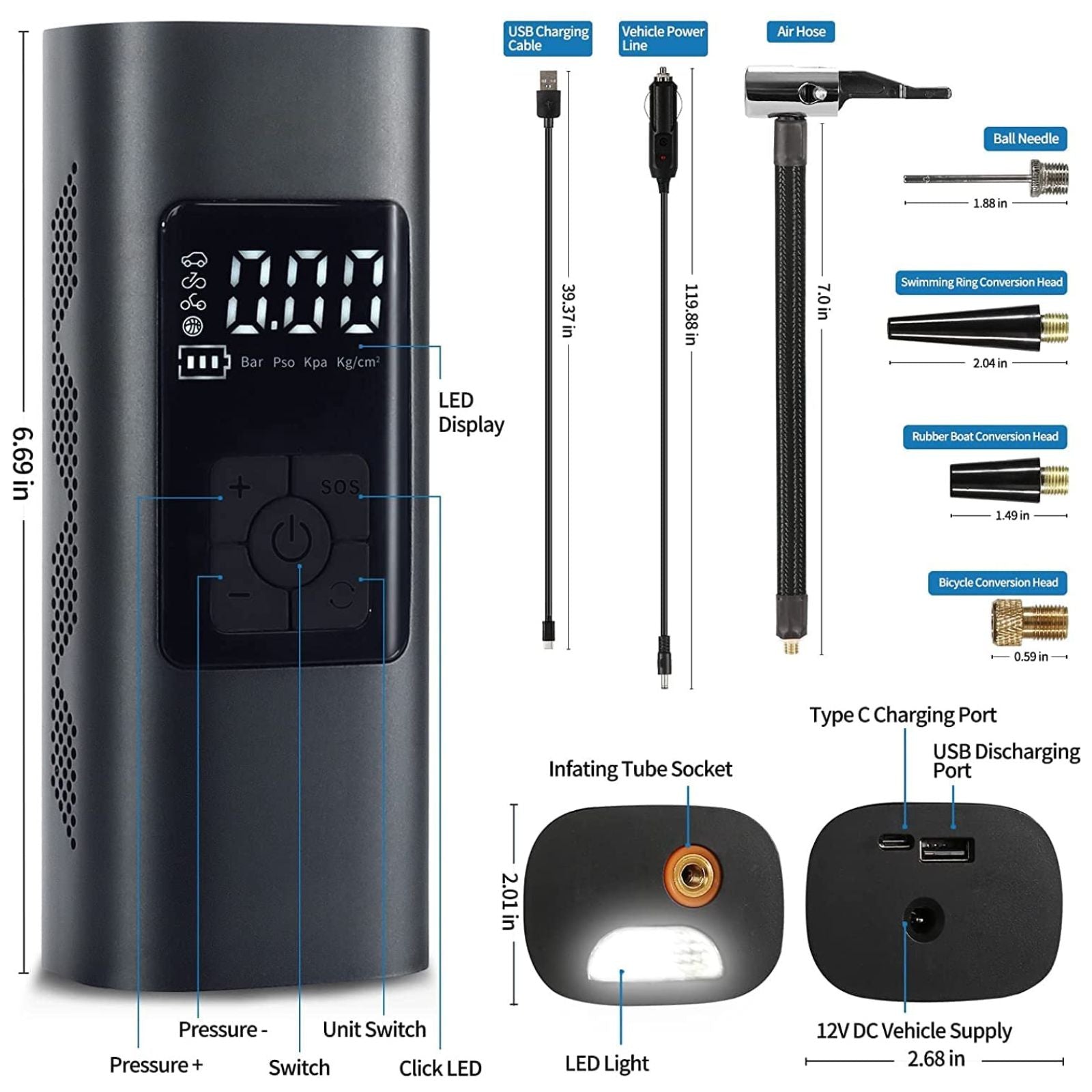 USB Rechargeable Cordless Tyre Pump Portable Car Tire Inflator Electric Air Pump