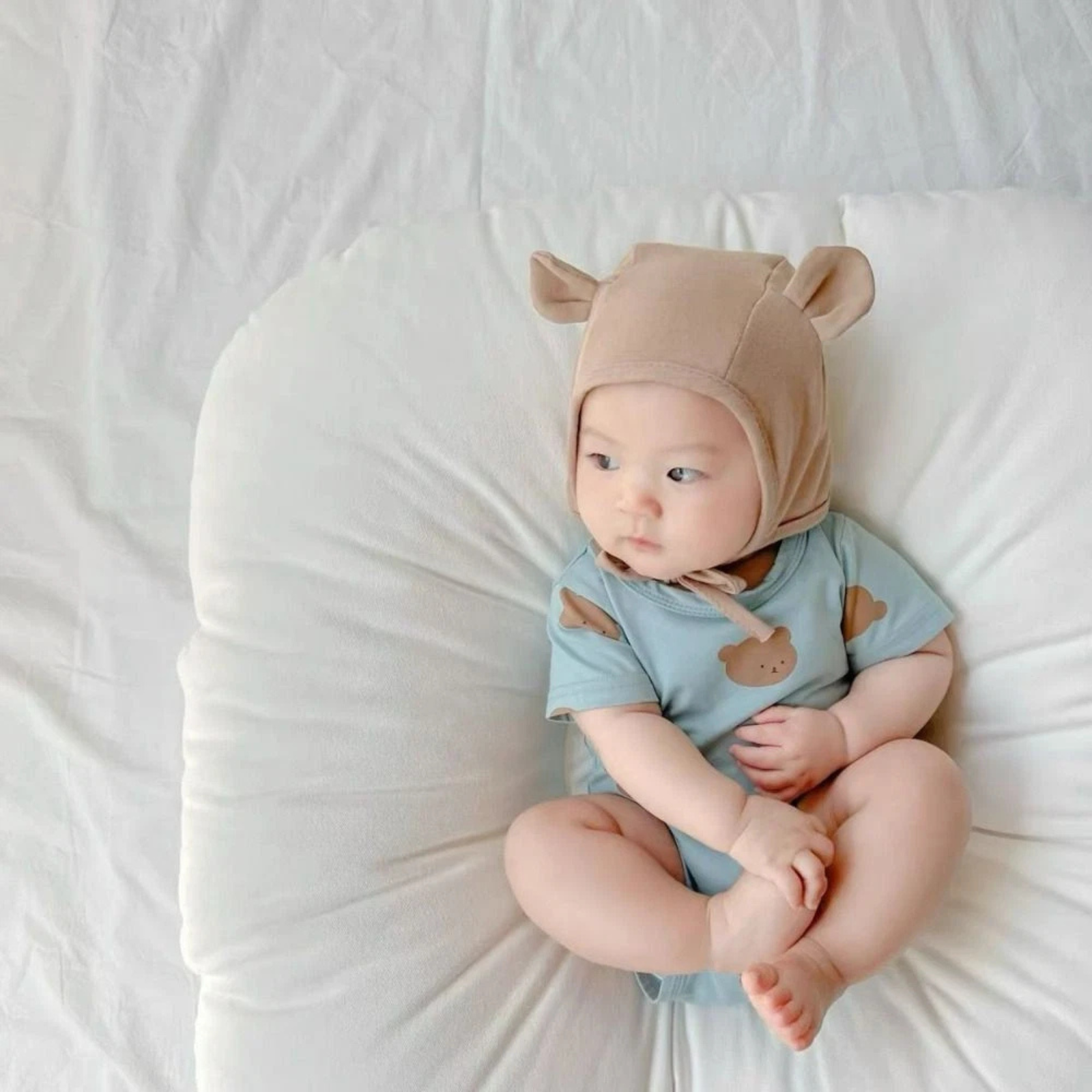 Light Khaki Baby Cotton Cap with Bear Ears Soft Ear Protection Hat Design