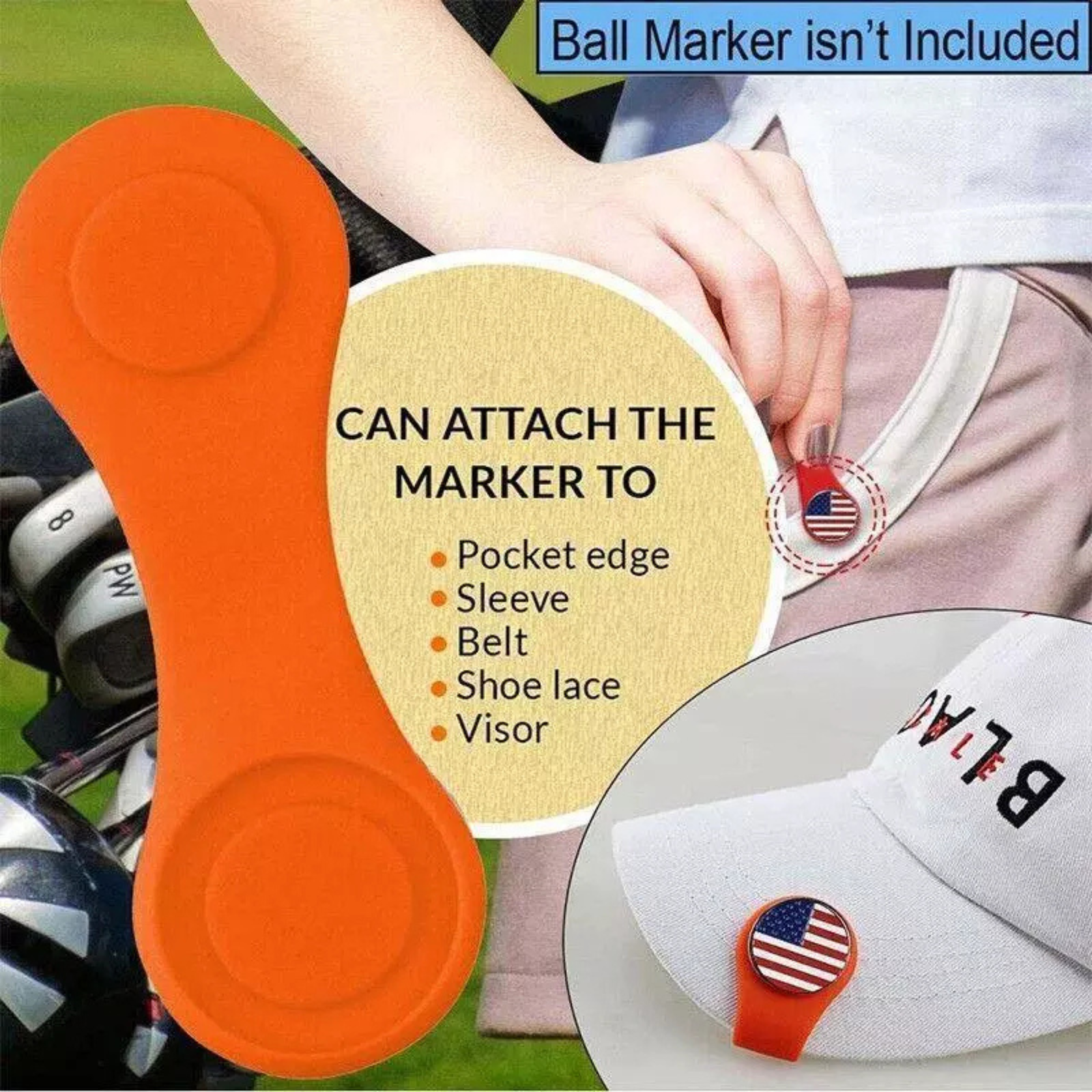 Orange Strong Magnetic Ball Marker Holder 1Pc Silicone Golf Hat Clip