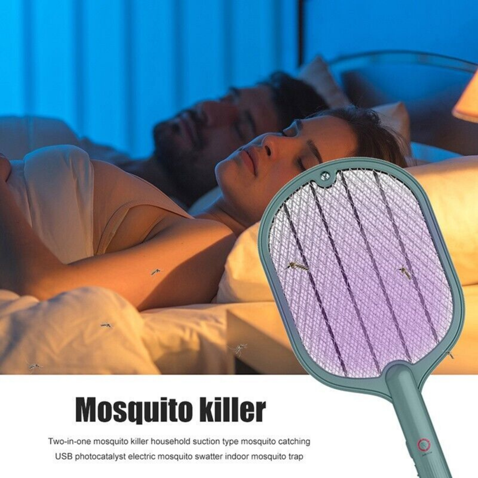 Racket Fly Swatter Mosquito 2 In 1 Electric USB Rechargeable Killer Zapper Green