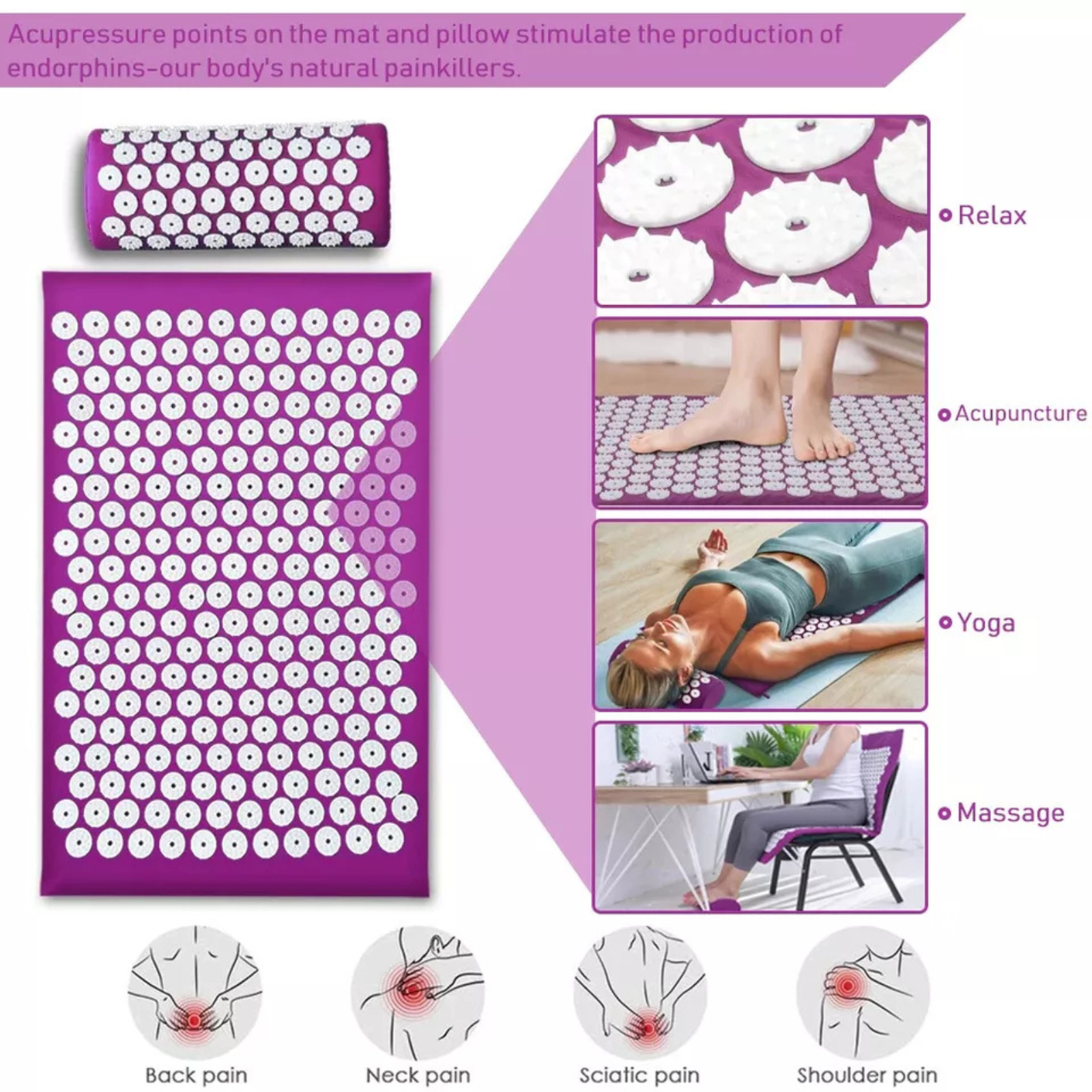 Mats Cut Pain Stress Soreness Massage Acupressure Yoga Shakti Sit Lying Purple