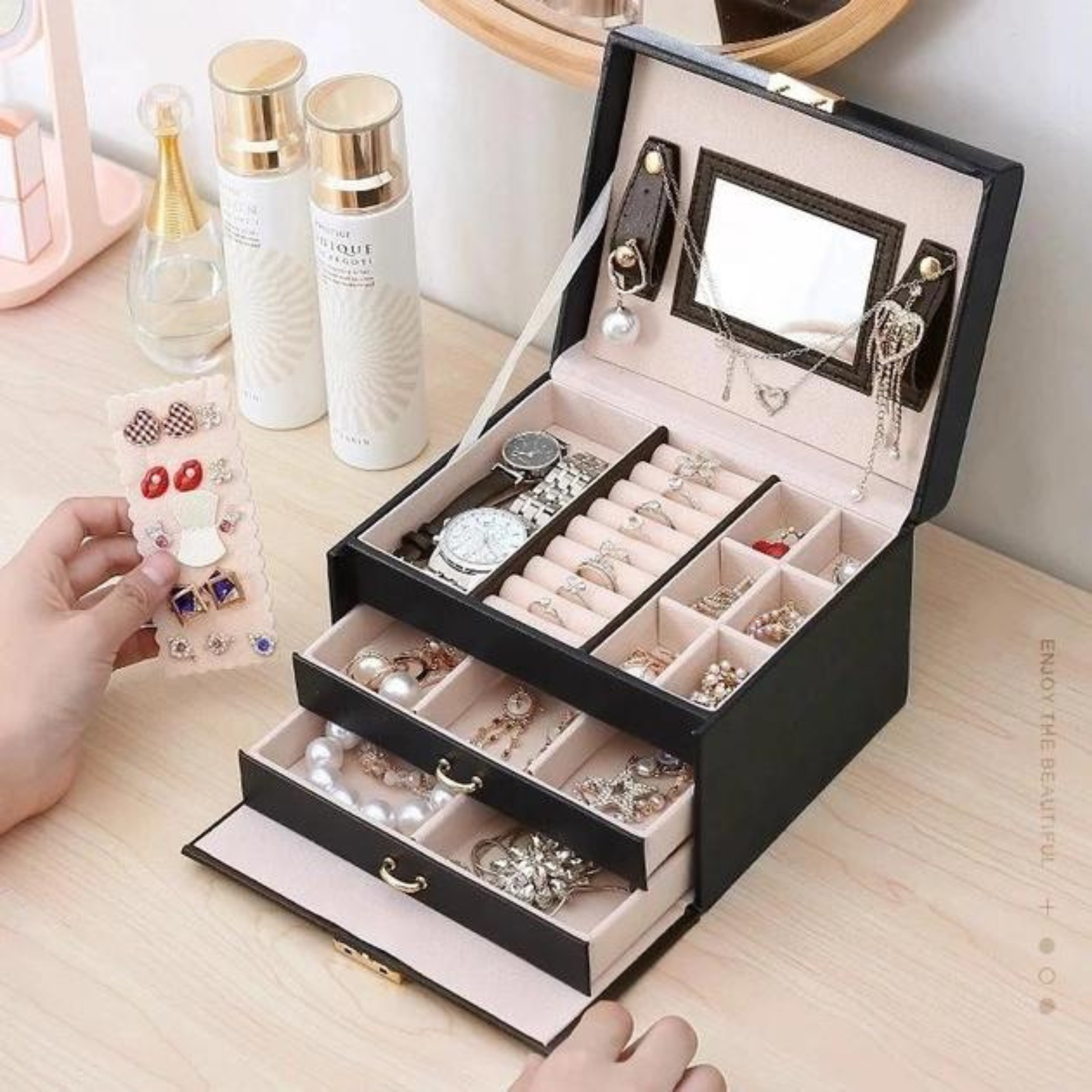 Black Watch Case Holder Jewellery Storage Box Ring Earring Display Organizer