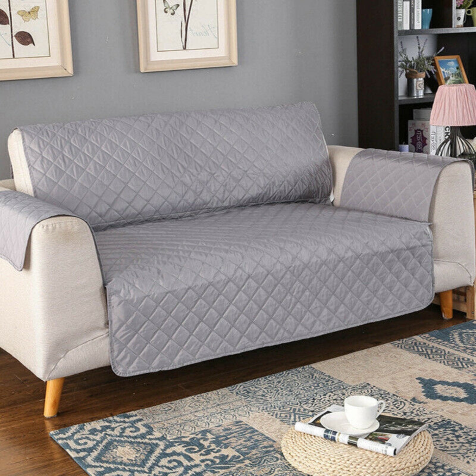 3 Seater Couch Covers Quilted Pet Sofa Cover Slipcovers Lounge Protector Grey
