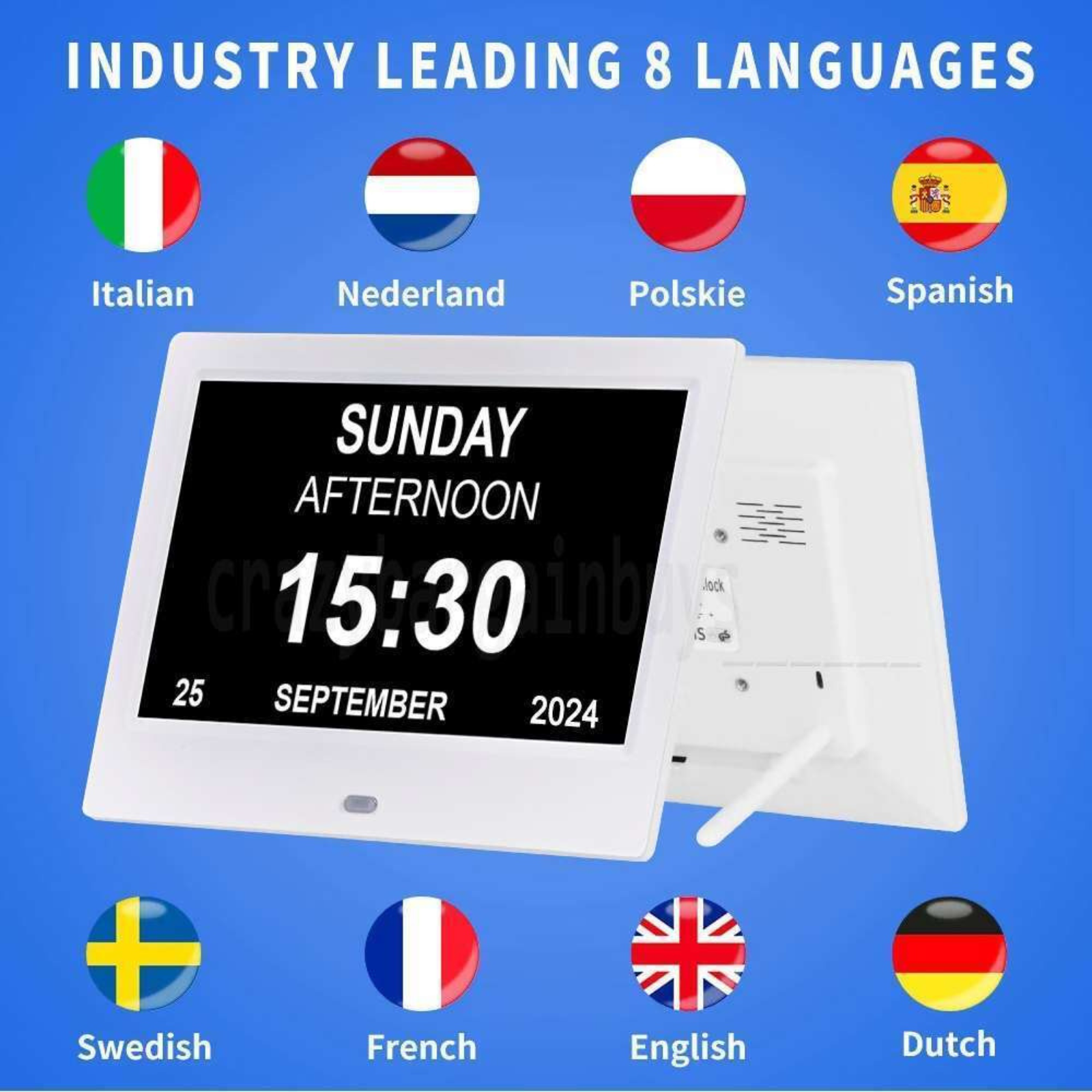 8" White LED Large Wall Calendar Dementia Day Clock Time Date Week Month Year