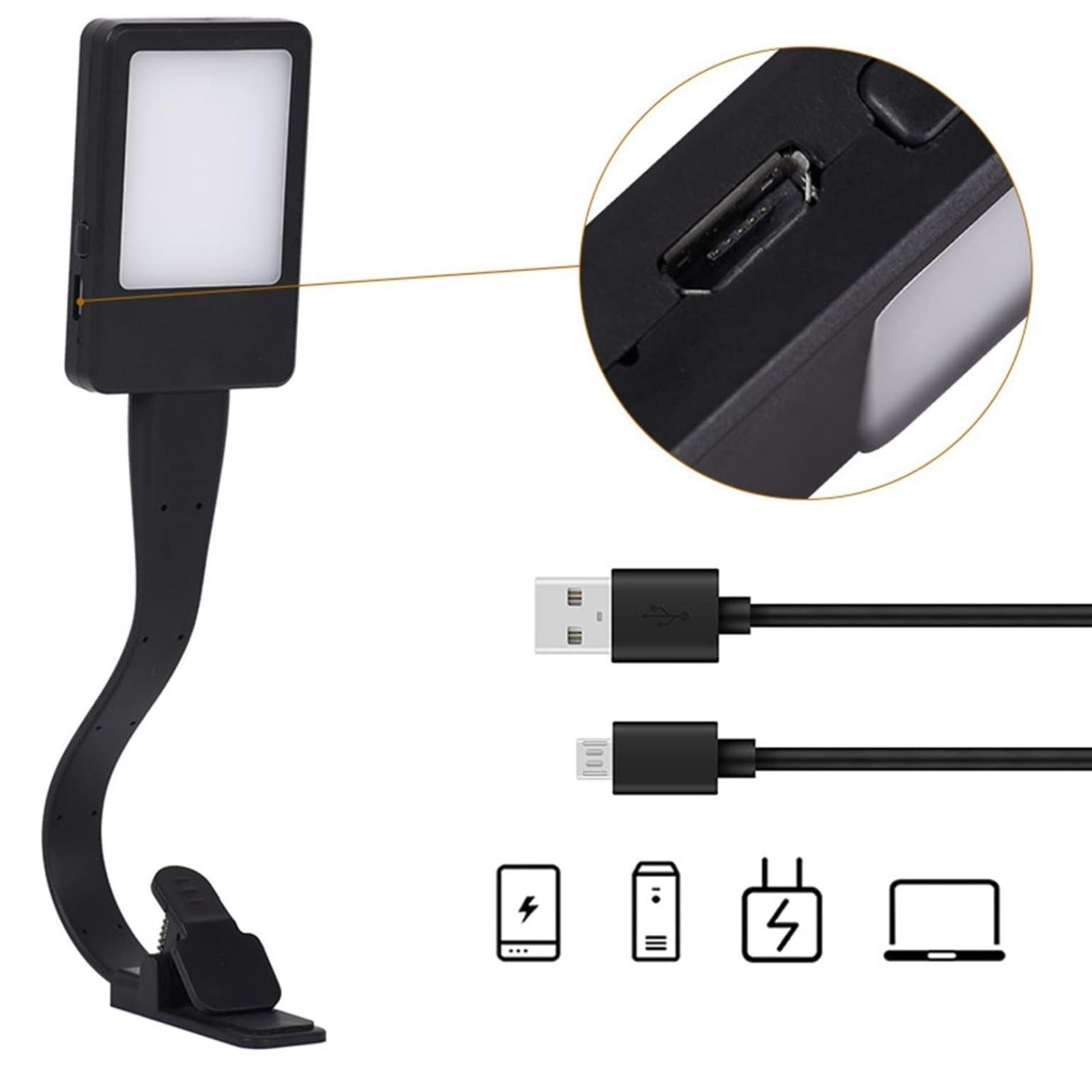 Black Book Reading Lamp Flexible Clip On Bed Table USB Rechargeable LED Light