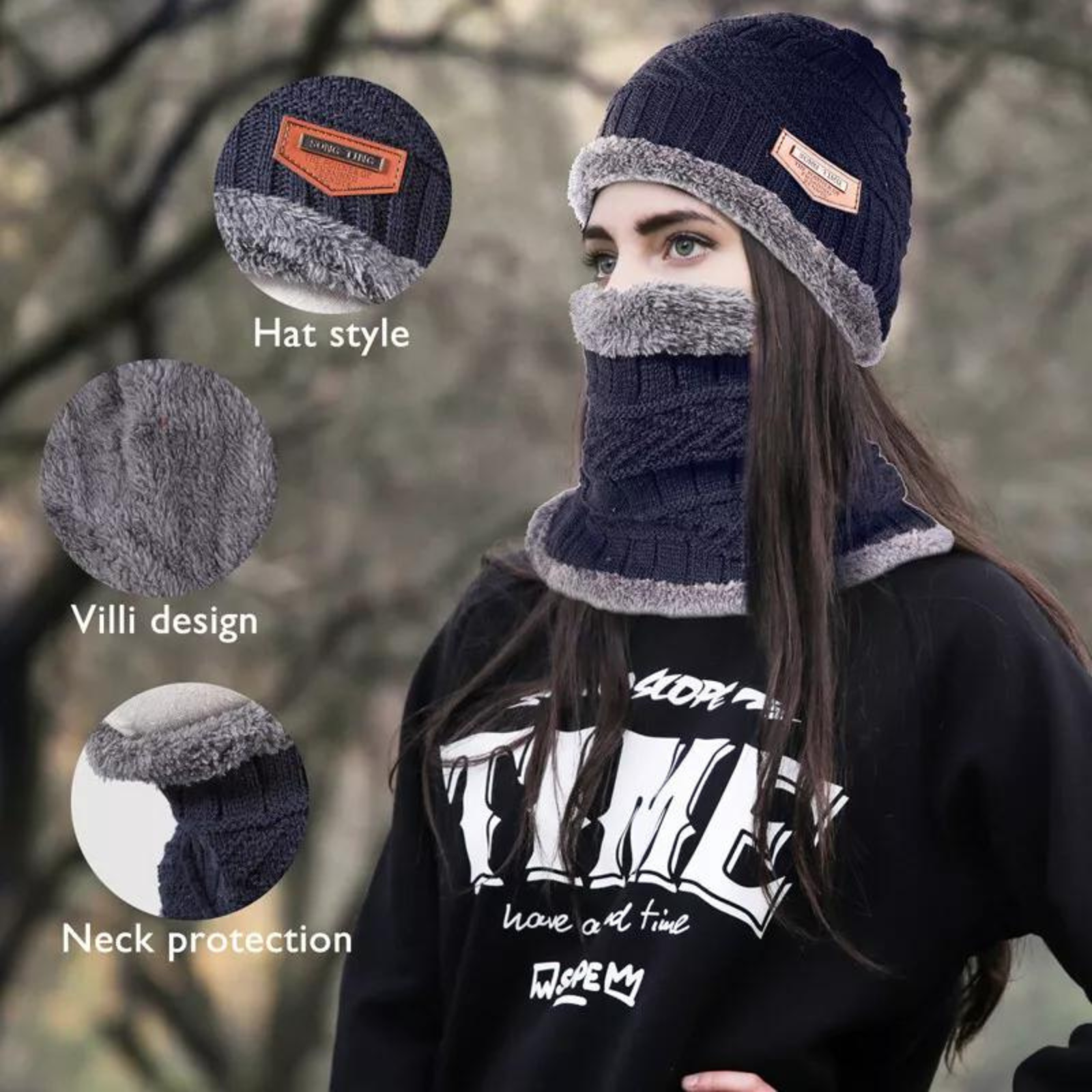 Navy Blue Ski Cap Neck Warm Beanie Fleece Winter Knitted Hat Men Fur Women