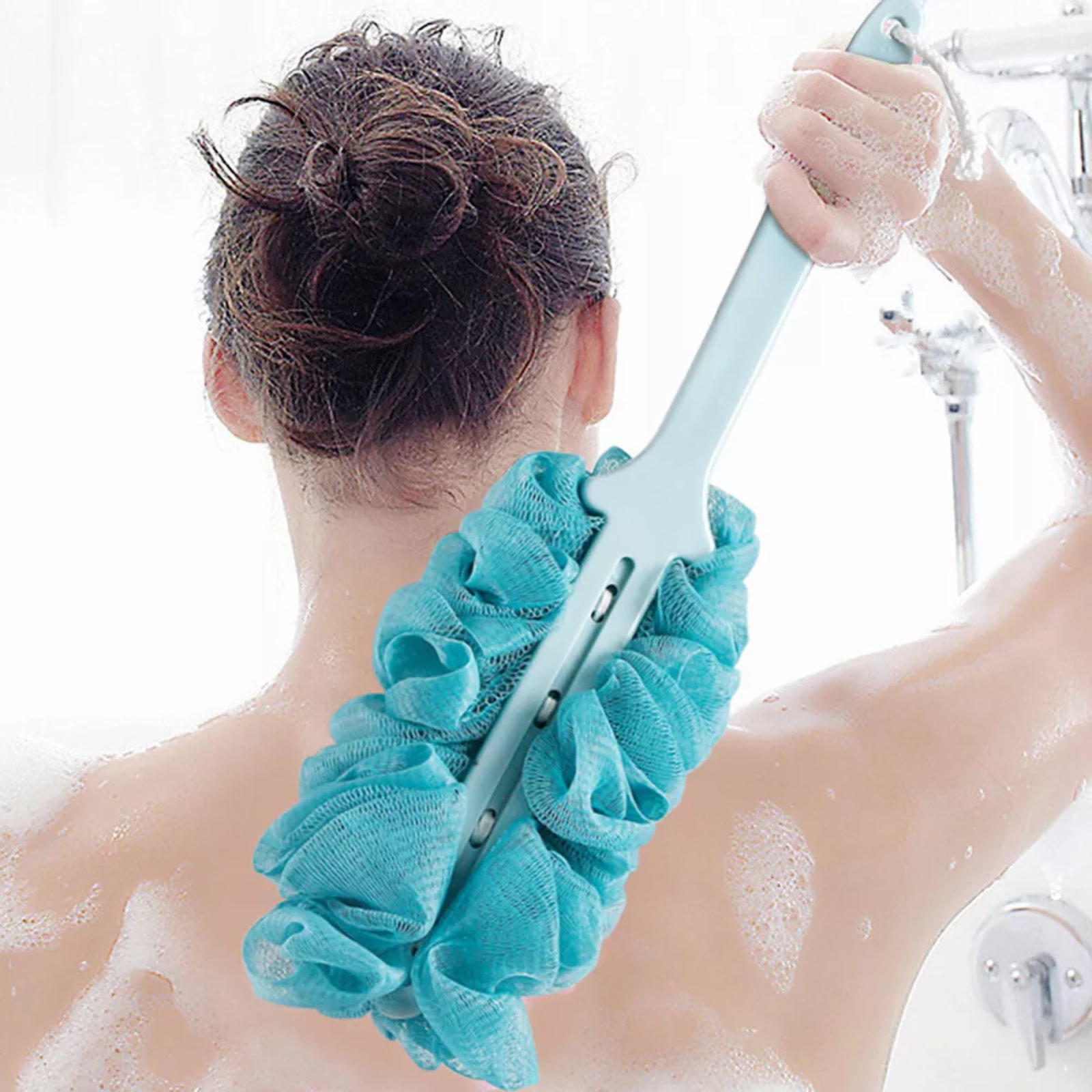 Blue Shower Loofah Back Scrubber Body Long Handle Bath Brush Soft Mesh