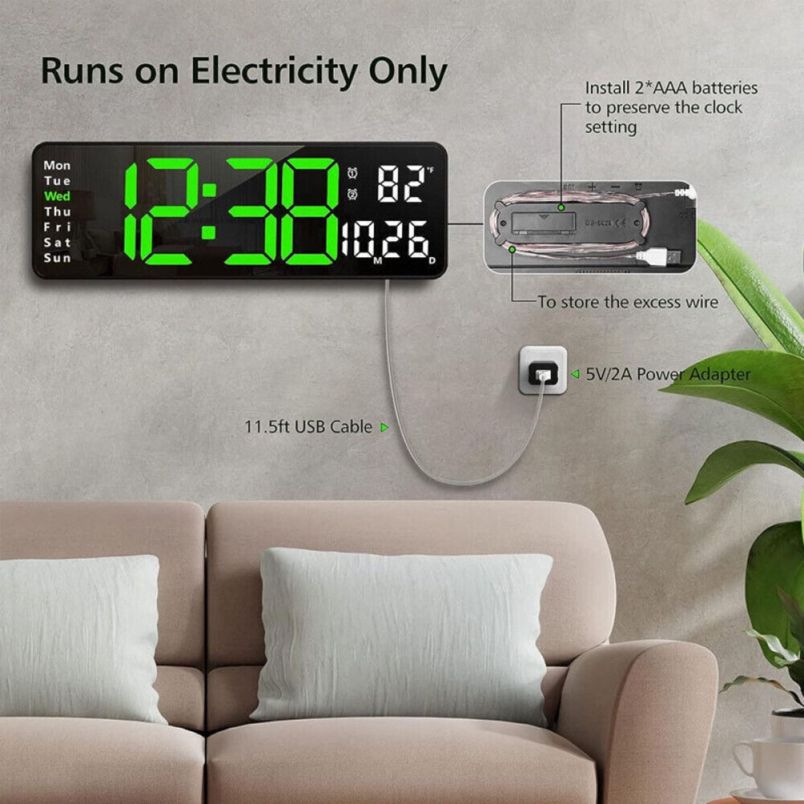 Digital Wall Clock Display Large Big With Calendar Temperature Display 13inch