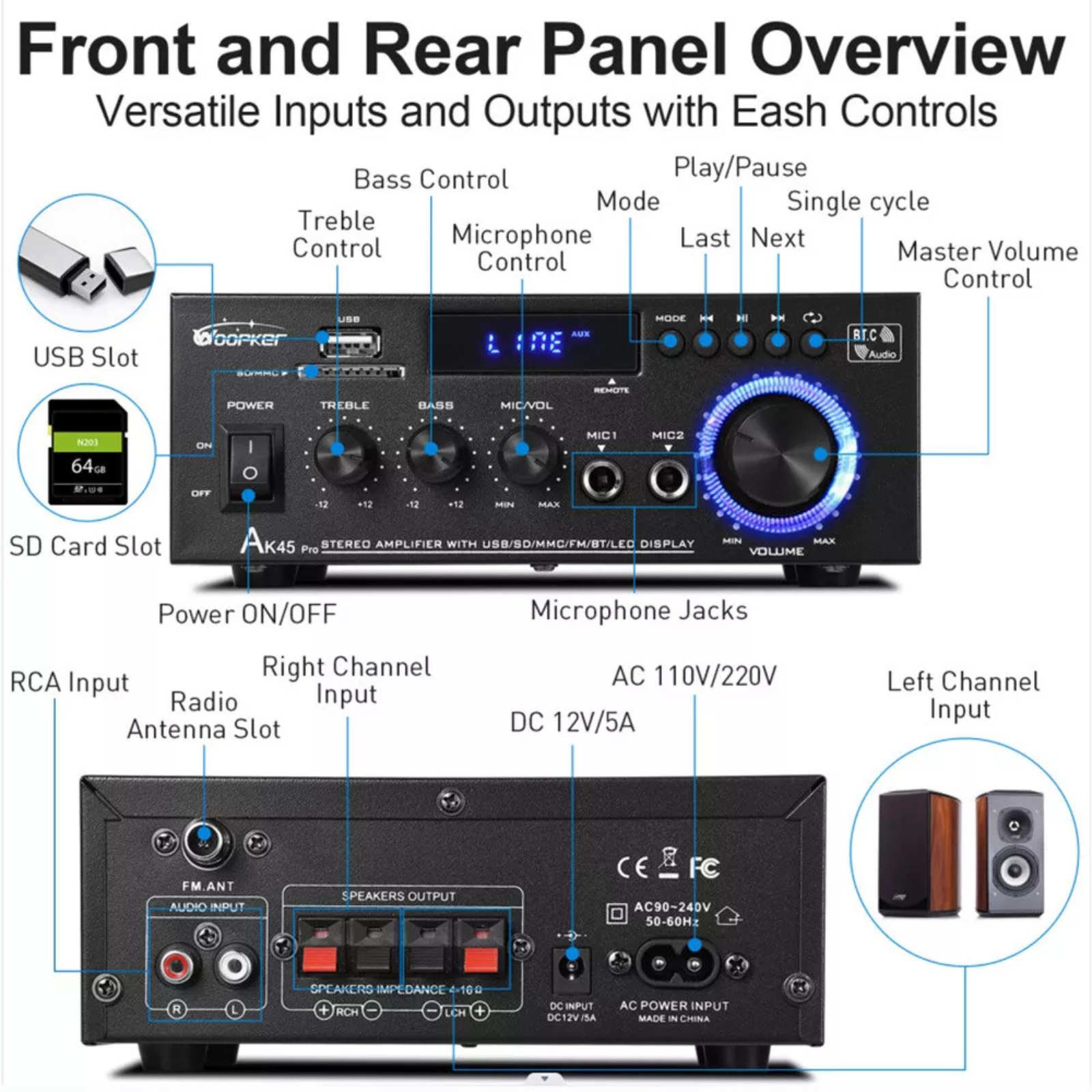 Amplifier USB 2CH Bluetooth FM 600W HiFi Stereo Digital Party Home Audio Player