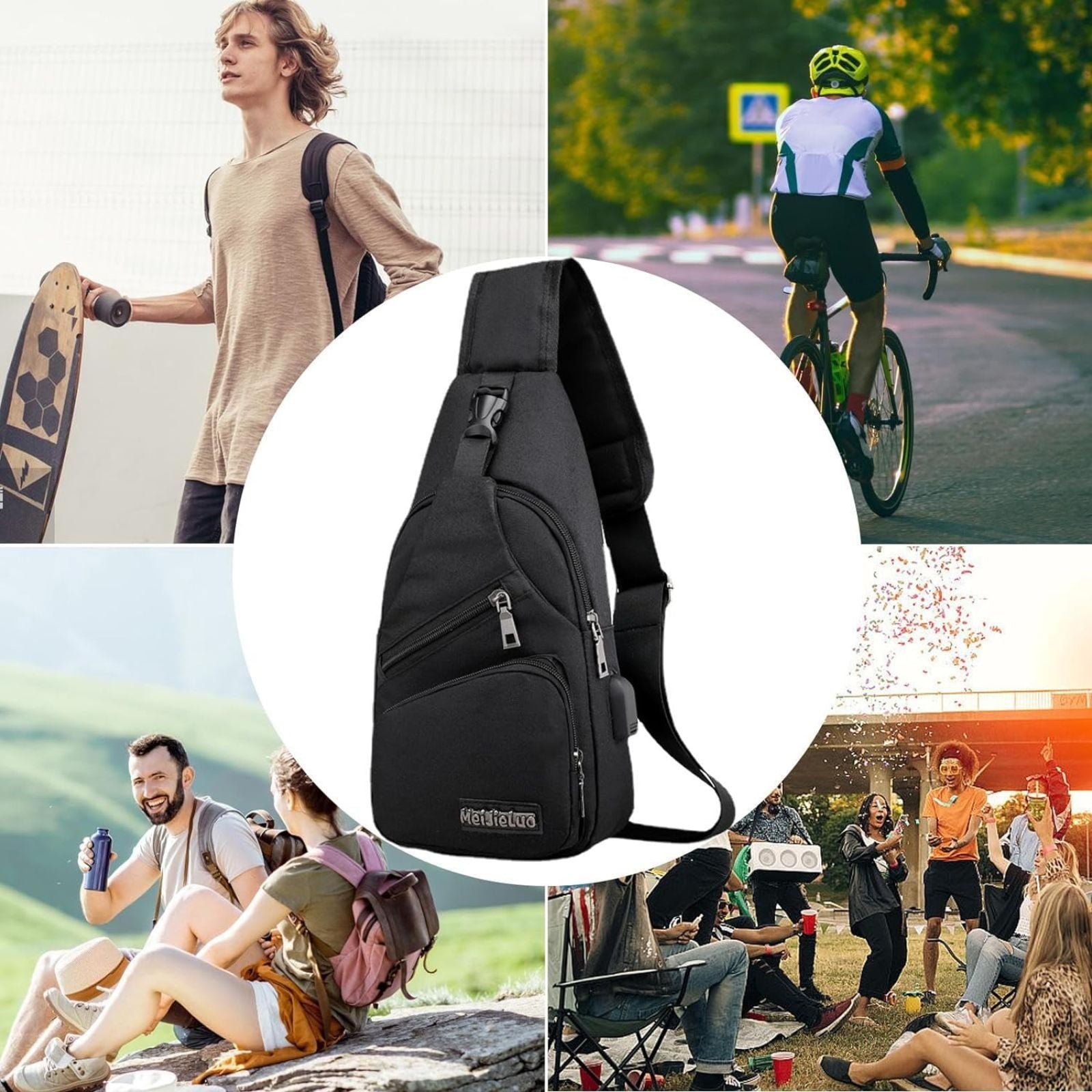 Cross Body Satchel Travel Bag Black Mens Chest Bag Man Shoulder Sling Backpack