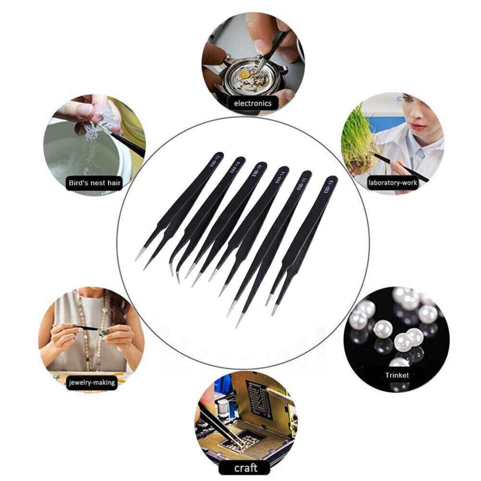Anti-Static Stainless Steel Tweezers 6pcs ESD Tweezer Set Maintenance Tool