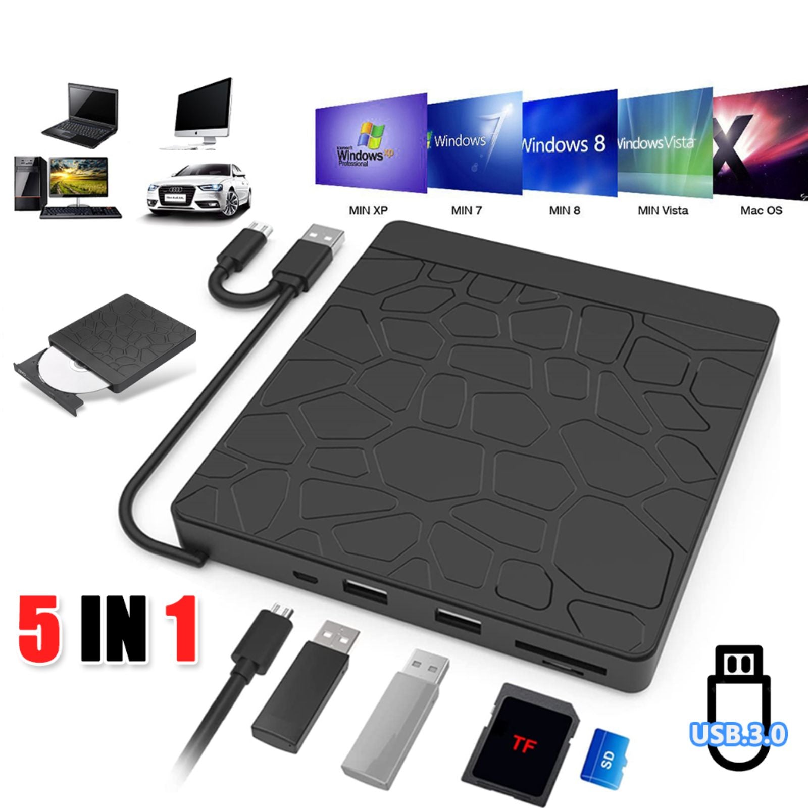 External Drive USB-C Player CD DVD Reader 3.0 Burner Hub/Slim PC 5 in 1 Writer