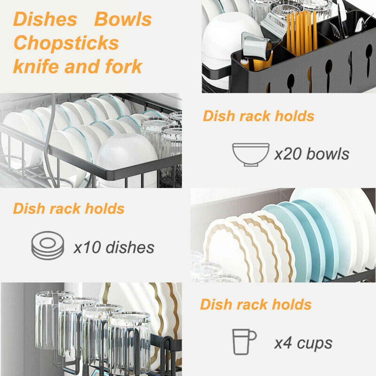 Drying Rack with Cup Holder Foldable Dish Drainer Kitchen Cutlery Tray Organizer