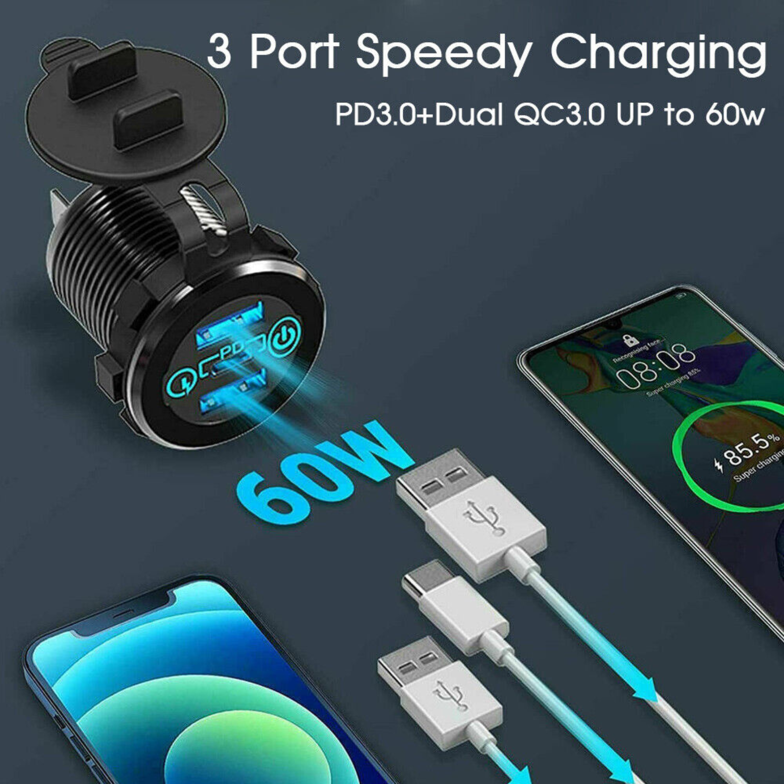 QC 3.0 Charger 12V 24V Power Outlet Socket PD Type C Dual USB Car Charger Blue