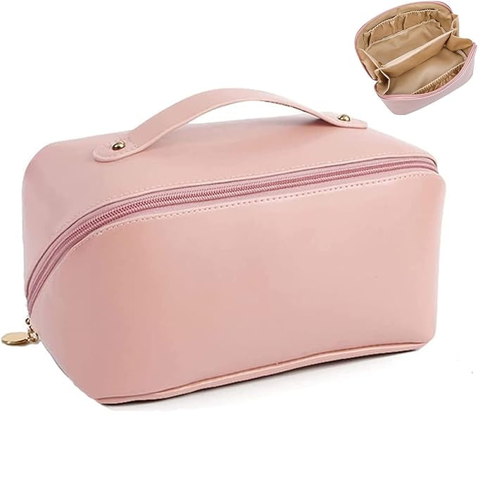 Makeup Brushes Slots Dividers Organizer Large Capacity Travel Cosmetic Bag Pink