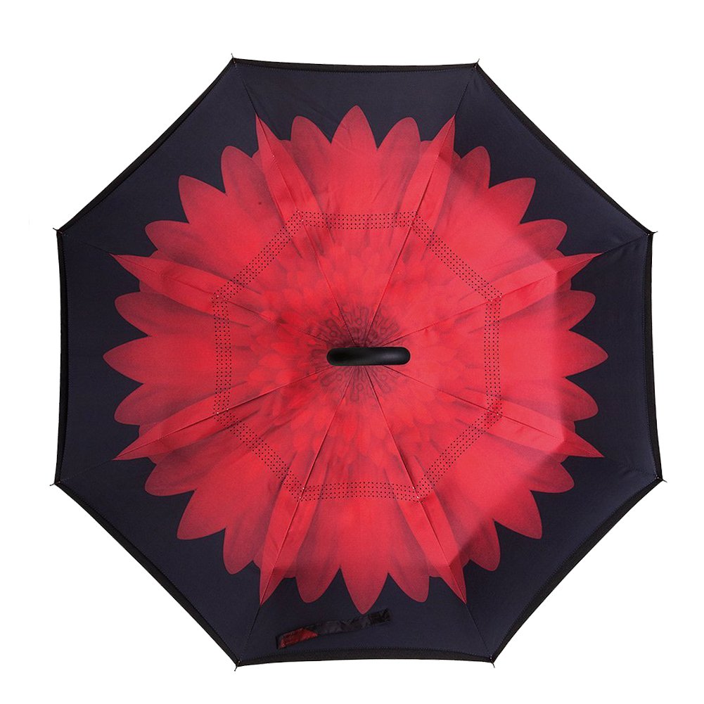 Windproof Double Layer Umbrella Reverse C-handle Upside Down Inverted Red Daisy