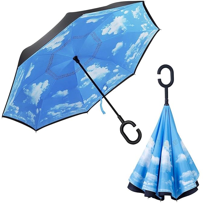 Windproof Double Layer Umbrella Reverse C-handle Upside Down Inverted Blue Sky