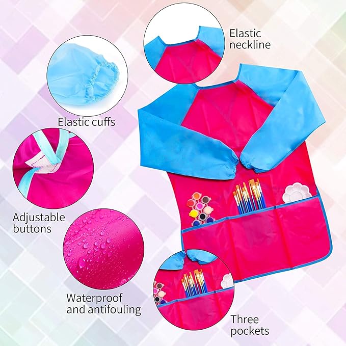 Long Sleeve Painting Cooking Kids Apron Art Smock Waterproof Red Light Blue