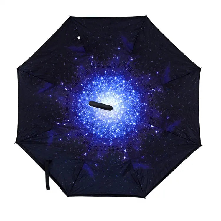 Windproof Double Layer Umbrella Reverse C-handle Upside Down Inverted Starry Sky